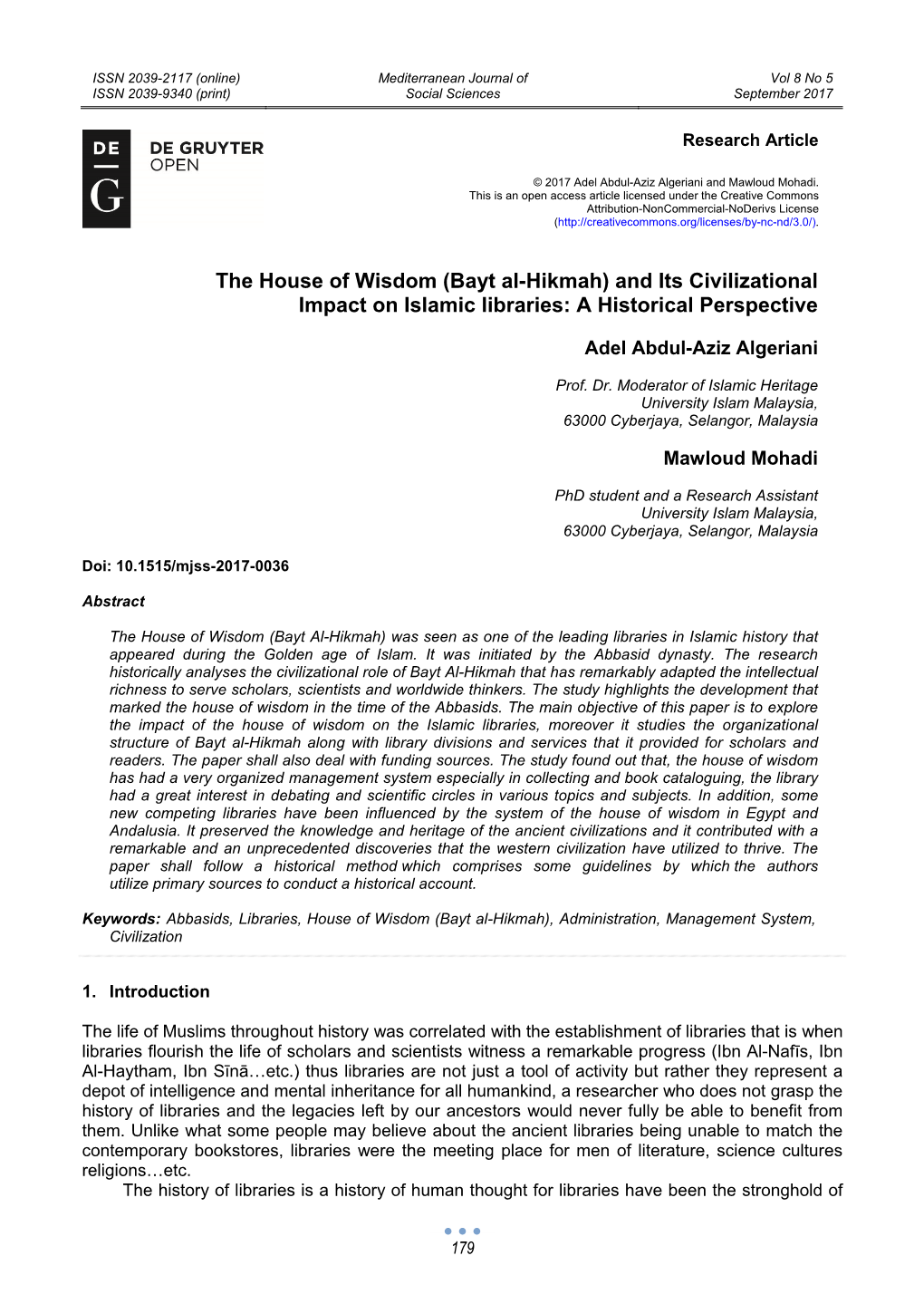 Bayt Al-Hikmah) and Its Civilizational Impact on Islamic Libraries: a Historical Perspective