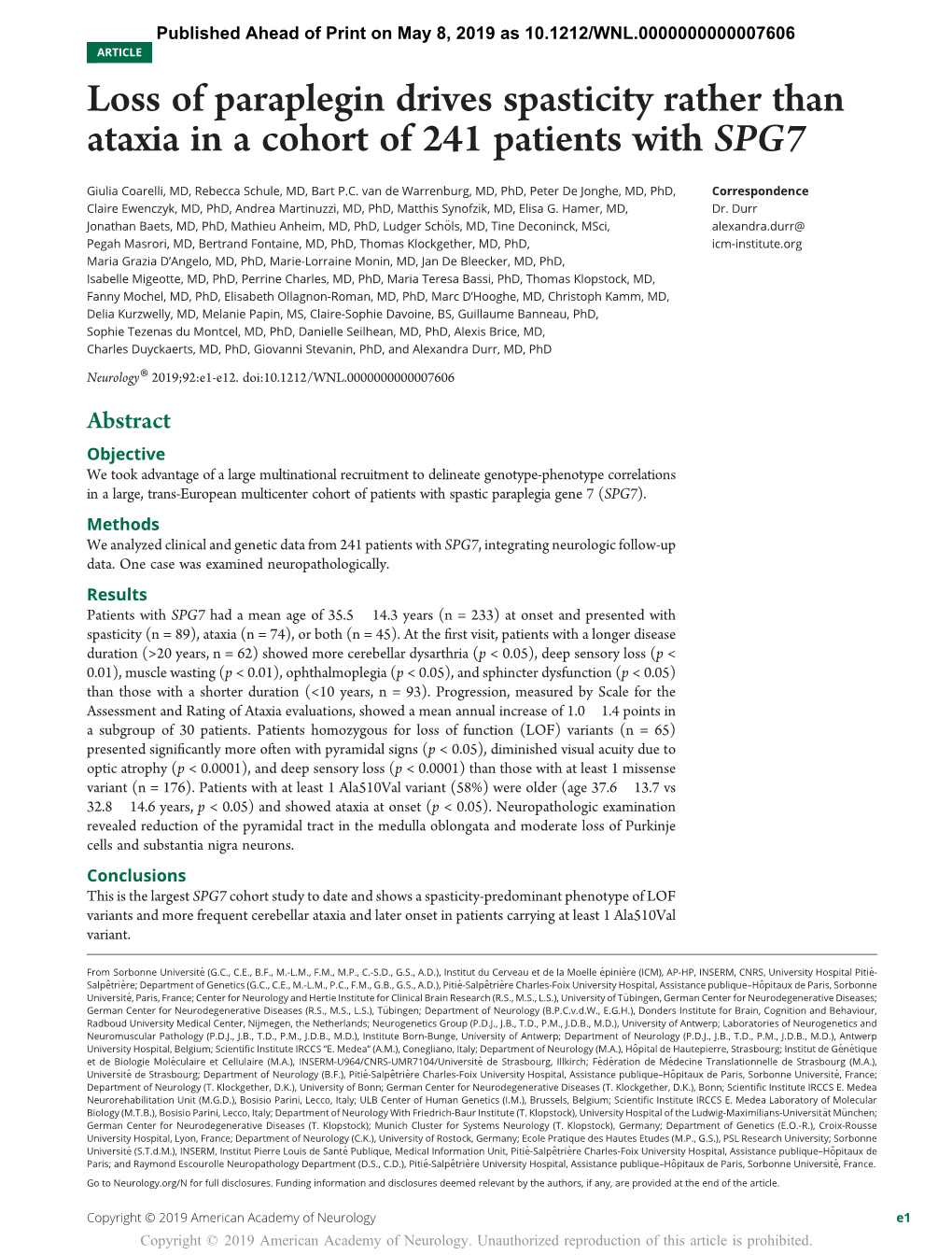 Loss of Paraplegin Drives Spasticity Rather Than Ataxia in a Cohort of 241 Patients with SPG7