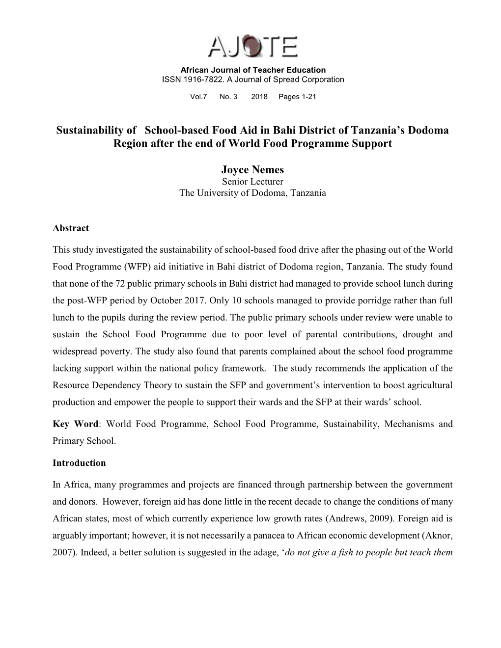 Sustainability of School-Based Food Aid in Bahi District of Tanzania's