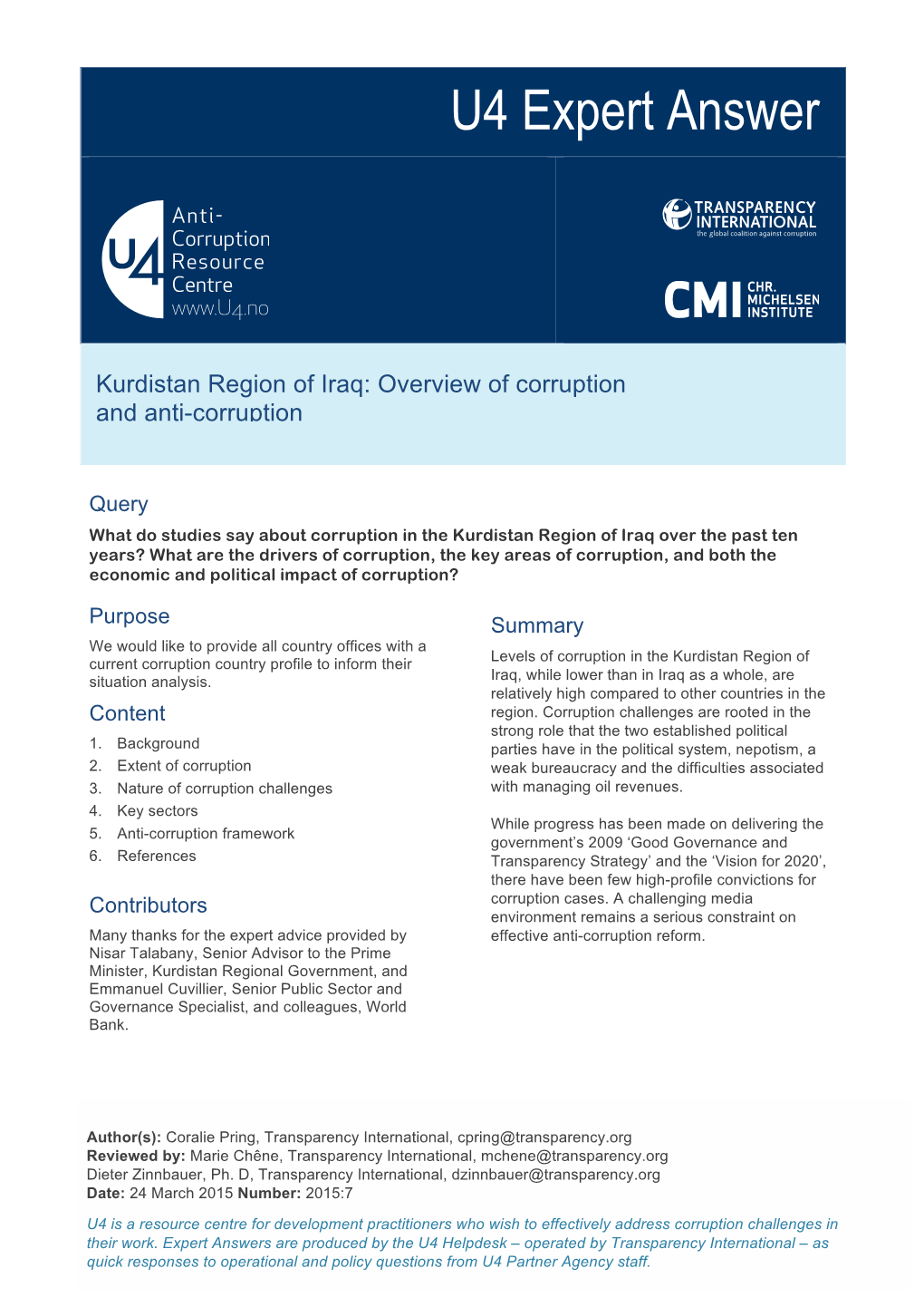 Kurdistan Region of Iraq: Overview of Corruption and Anti-Corruption