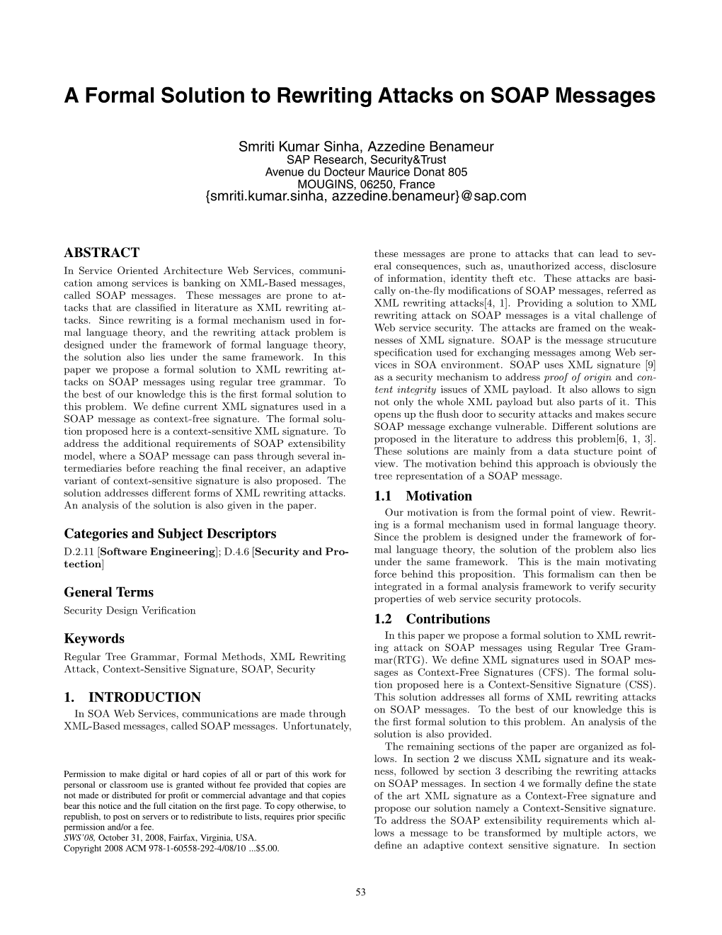 A Formal Solution to Rewriting Attacks on SOAP Messages