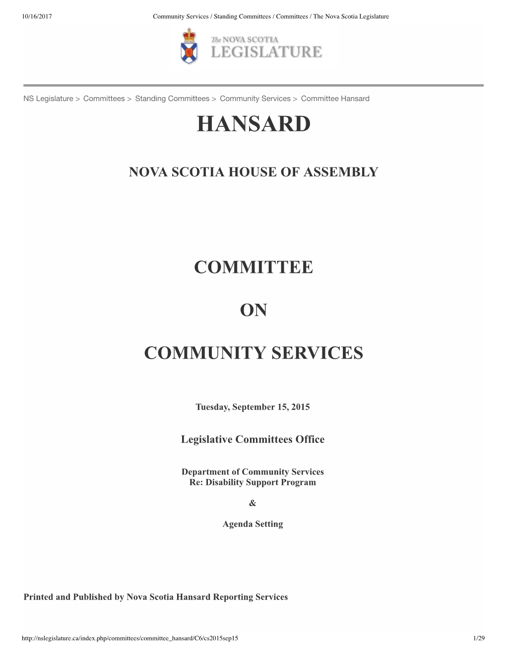 Hansard of DCS Standing Committee Presentation Re DSP September