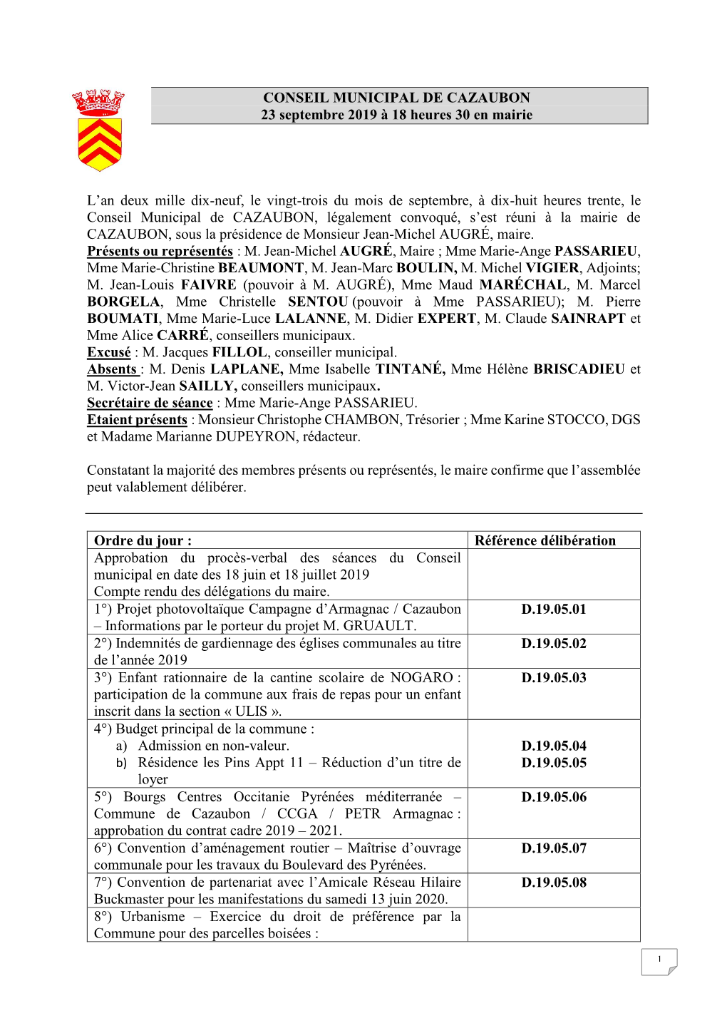 CONSEIL MUNICIPAL DE CAZAUBON 23 Septembre 2019 À 18 Heures 30 En Mairie