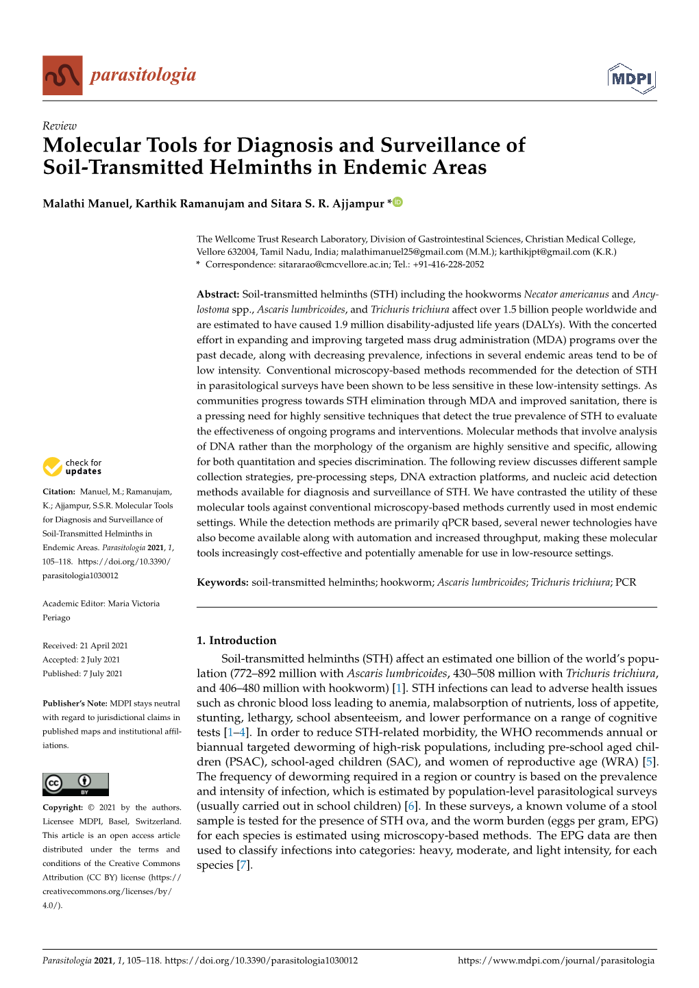 Molecular Tools for Diagnosis and Surveillance of Soil-Transmitted Helminths in Endemic Areas