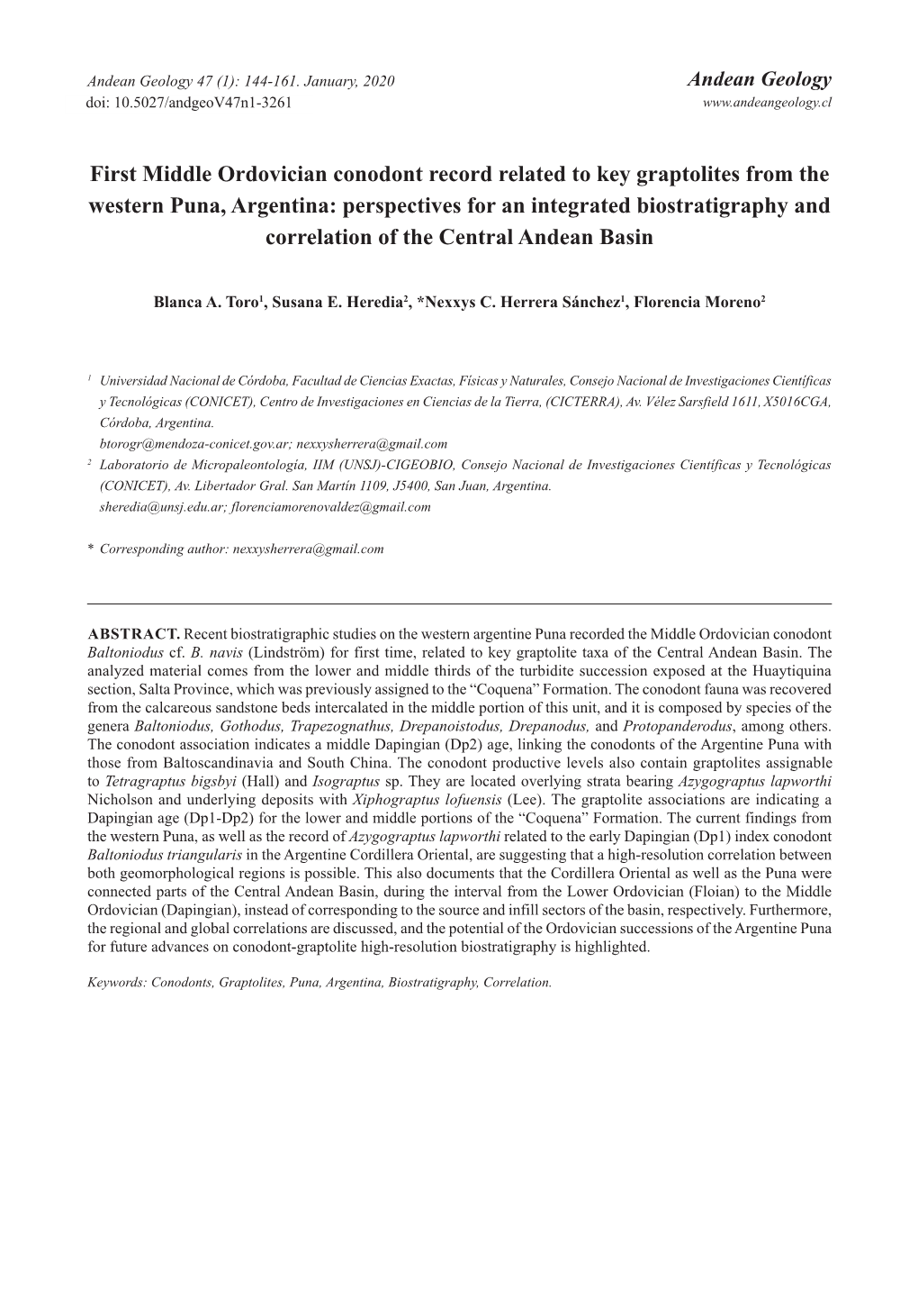 First Middle Ordovician Conodont Record Related to Key Graptolites from the Western Puna, Argentina