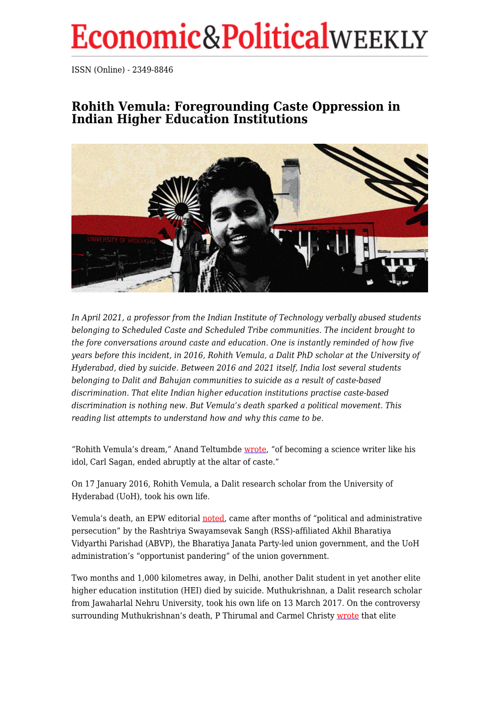 Rohith Vemula: Foregrounding Caste Oppression in Indian Higher Education Institutions