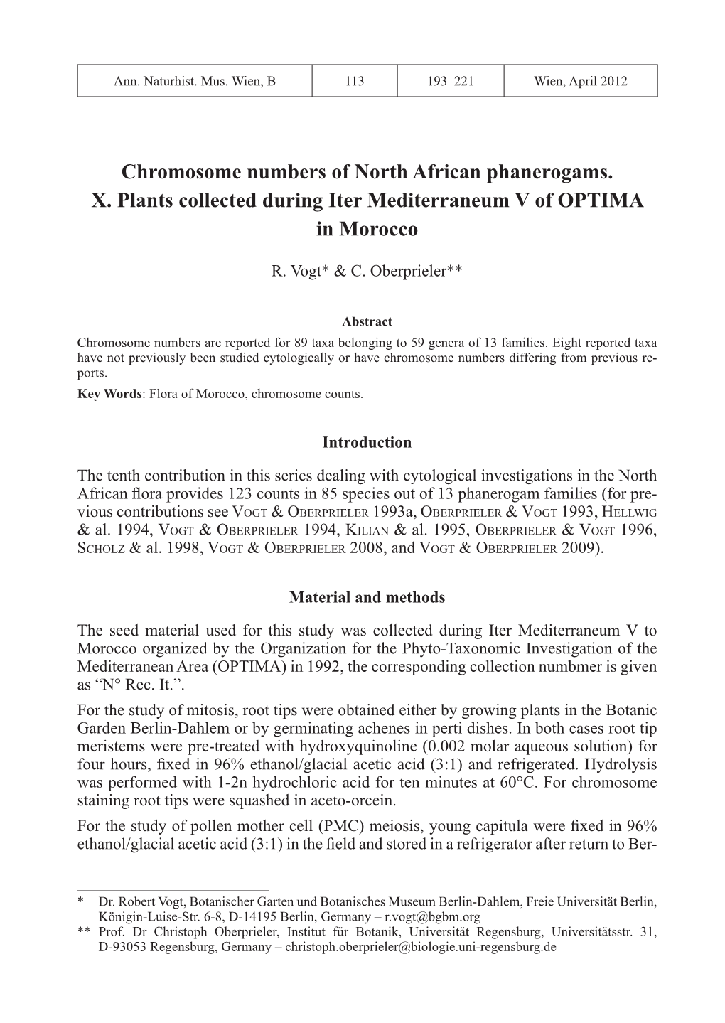 Chromosome Numbers of North African Phanerogams. X. Plants Collected During Iter Mediterraneum V of OPTIMA in Morocco