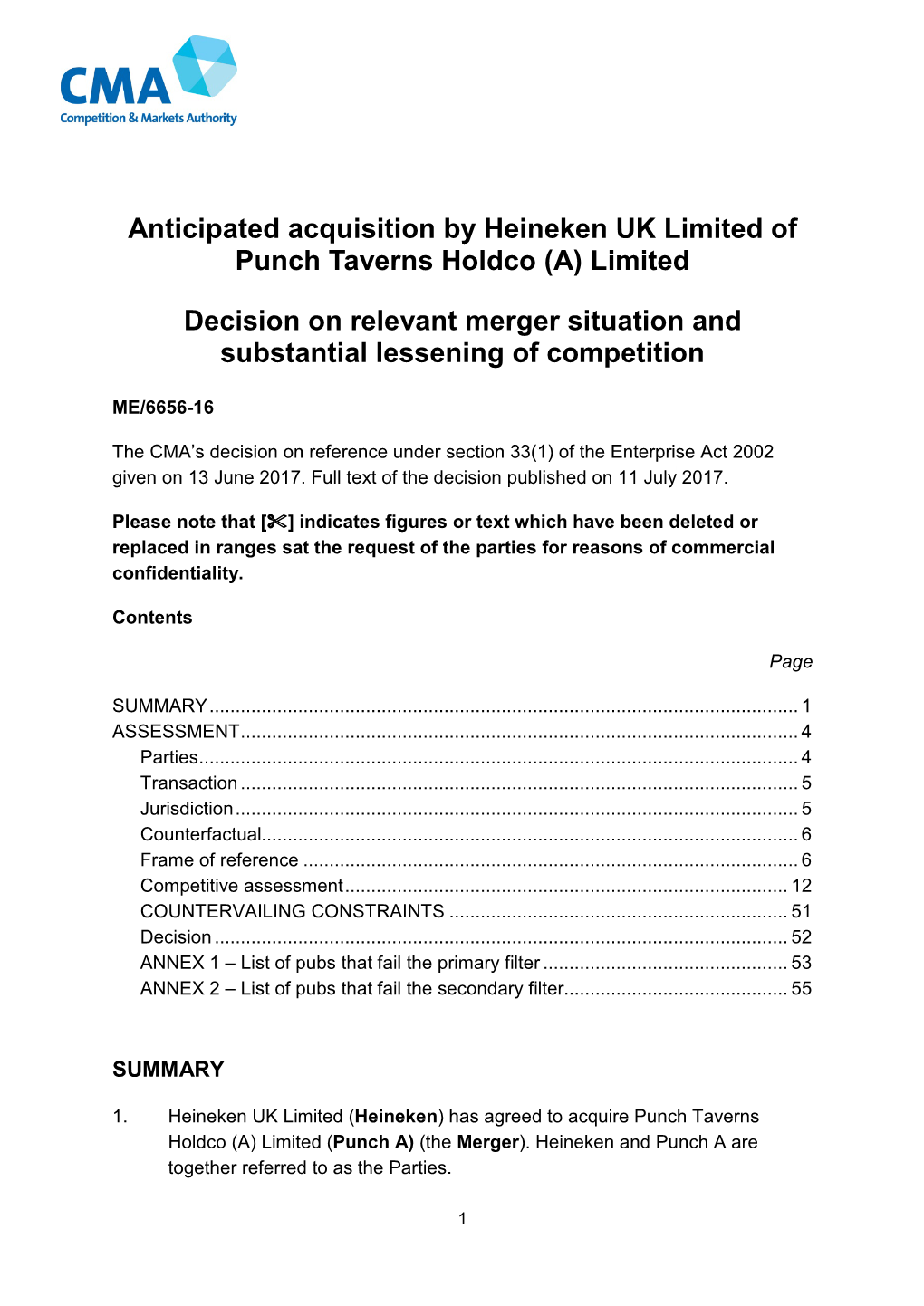 Anticipated Acquisition by Heineken UK Limited of Punch Taverns Holdco (A) Limited