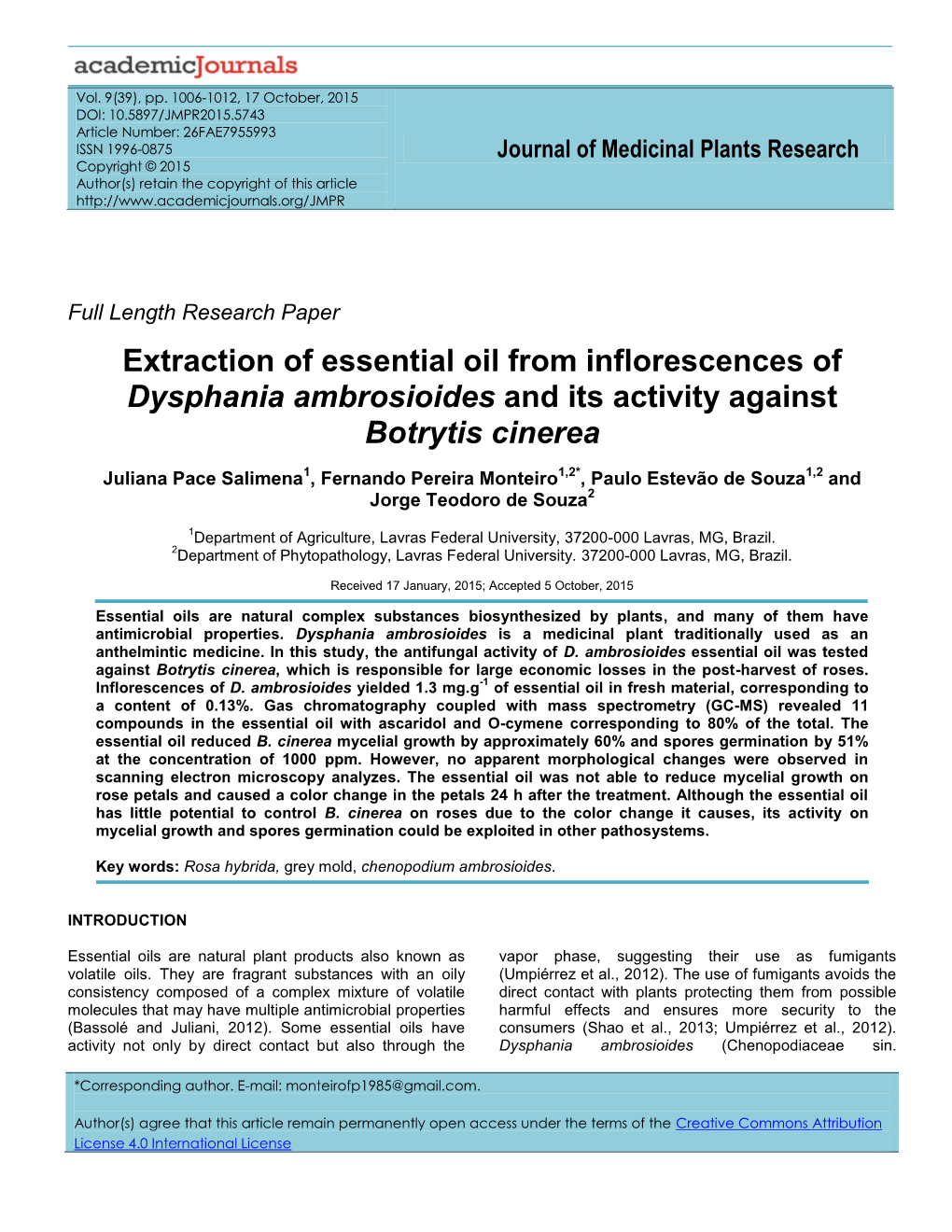 Extraction of Essential Oil from Inflorescences of Dysphania Ambrosioides and Its Activity Against Botrytis Cinerea
