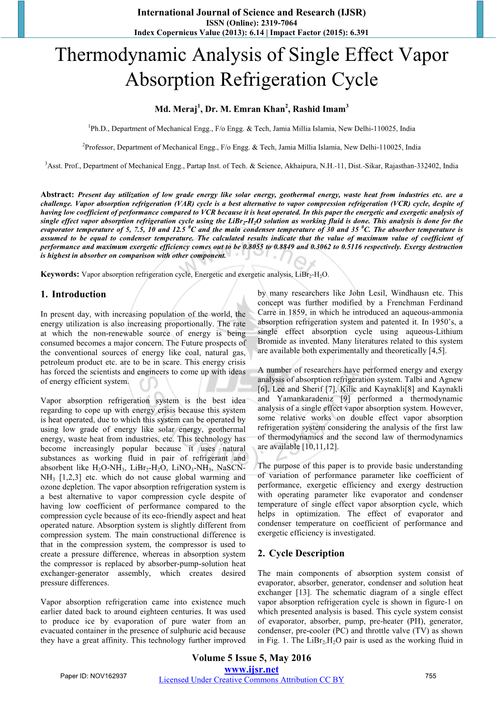 Thermodynamic Analysis of Single Effect Vapor Absorption Refrigeration Cycle