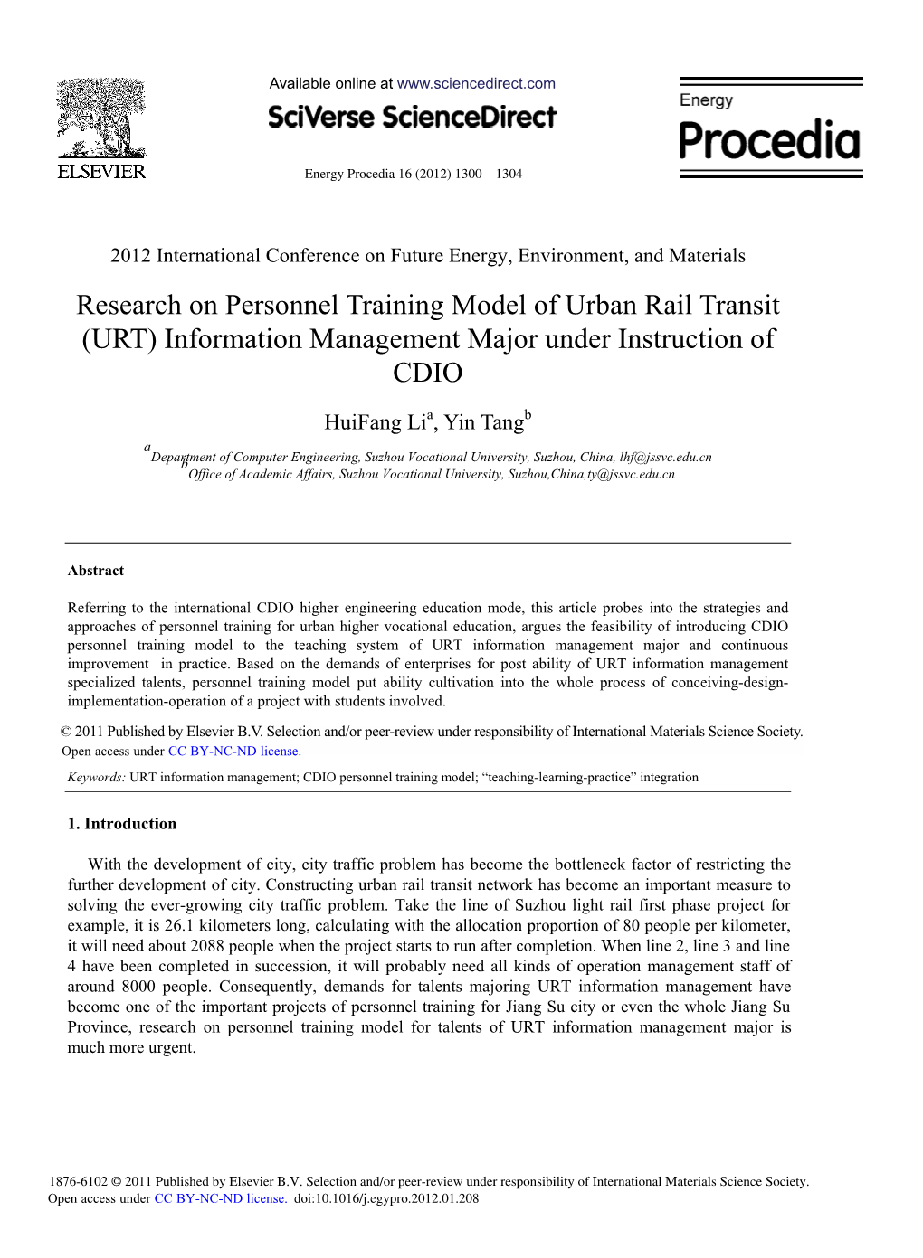 Research on Personnel Training Model of Urban Rail Transit (URT) Information Management Major Under Instruction of CDIO