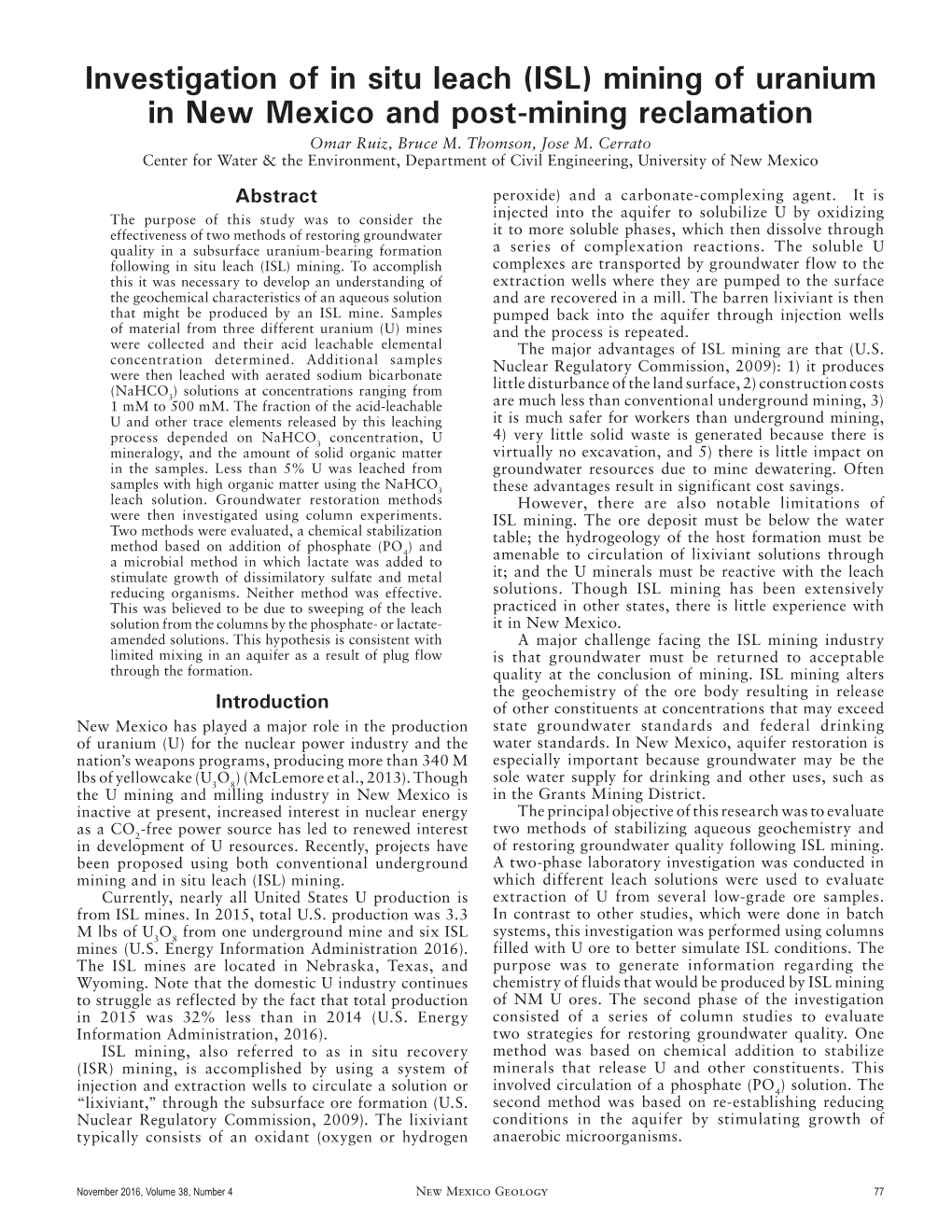 Investigation of in Situ Leach (ISL) Mining of Uranium in New Mexico and Post-Mining Reclamation Omar Ruiz, Bruce M