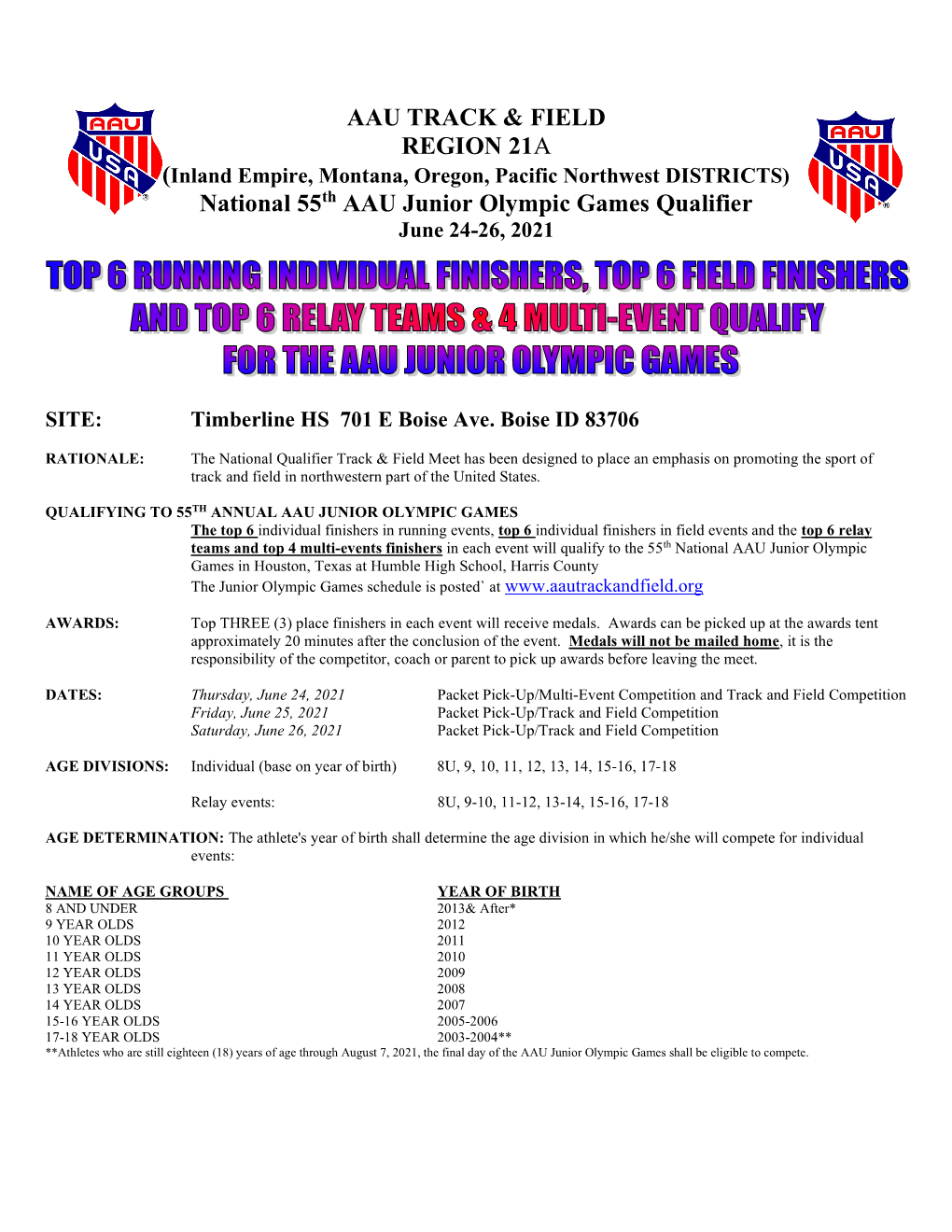 AAU TRACK & FIELD REGION 21A National 55Th AAU Junior Olympic