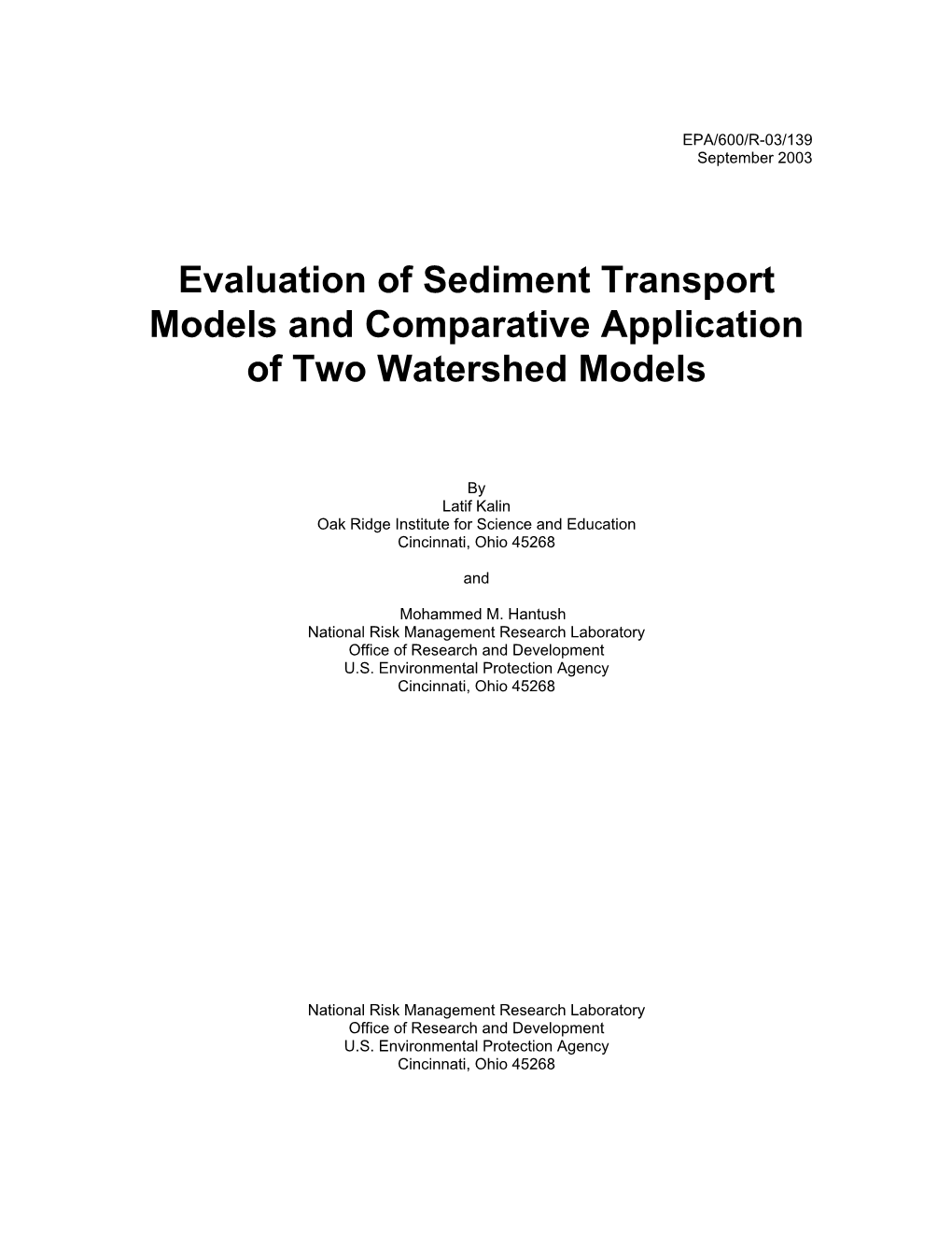 Evaluation of Sediment Transport Models and Comparative Application of Two Watershed Models