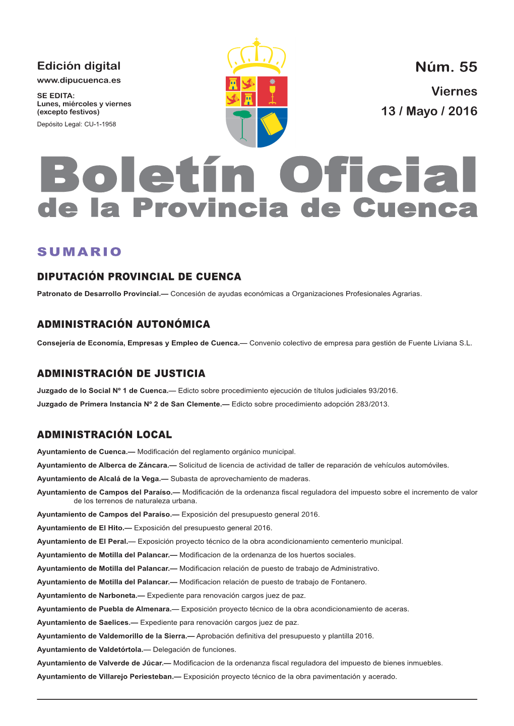 Boletín Oficial De La Provincia De Cuenca Sumario Diputación Provincial De Cuenca