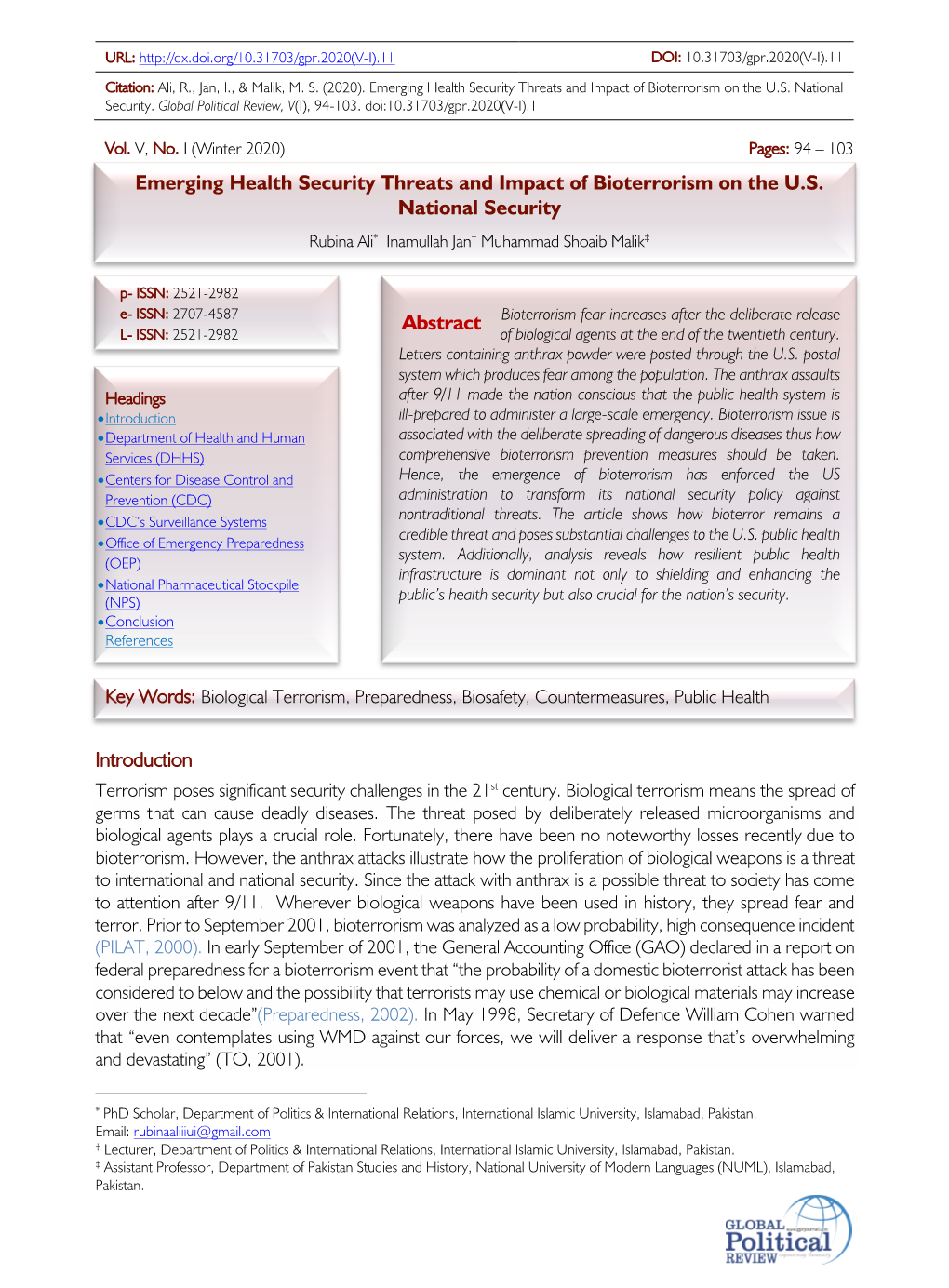 Emerging Health Security Threats and Impact of Bioterrorism on the U.S. National Security