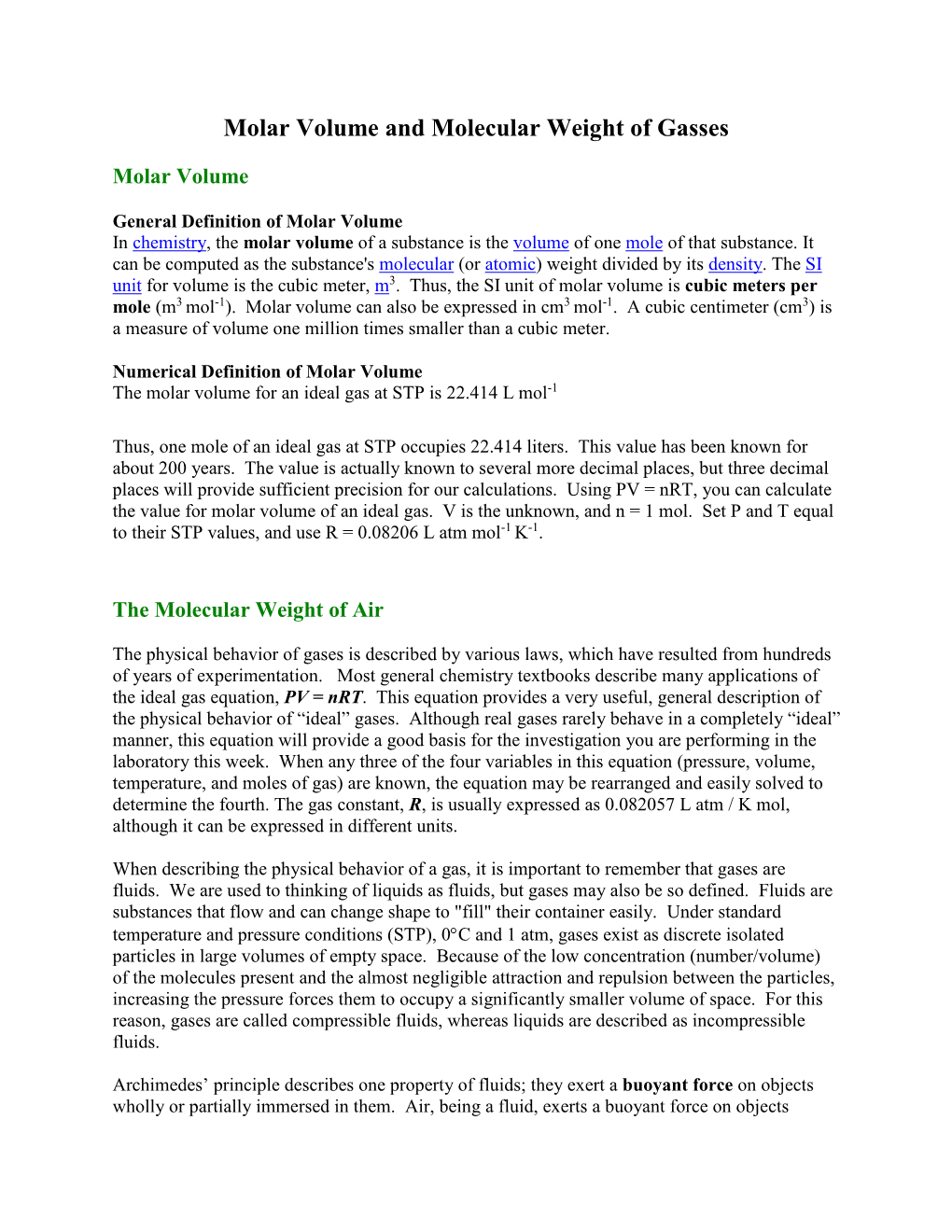 Molar Volume and Molecular Weight of Gasses