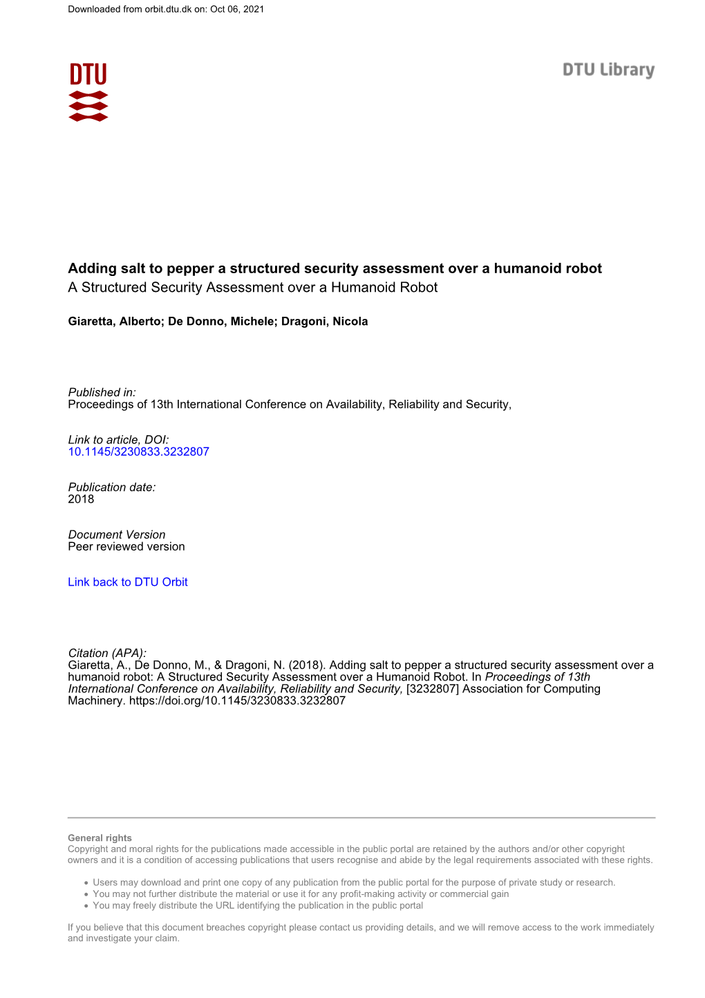 Adding Salt to Pepper a Structured Security Assessment Over a Humanoid Robot a Structured Security Assessment Over a Humanoid Robot