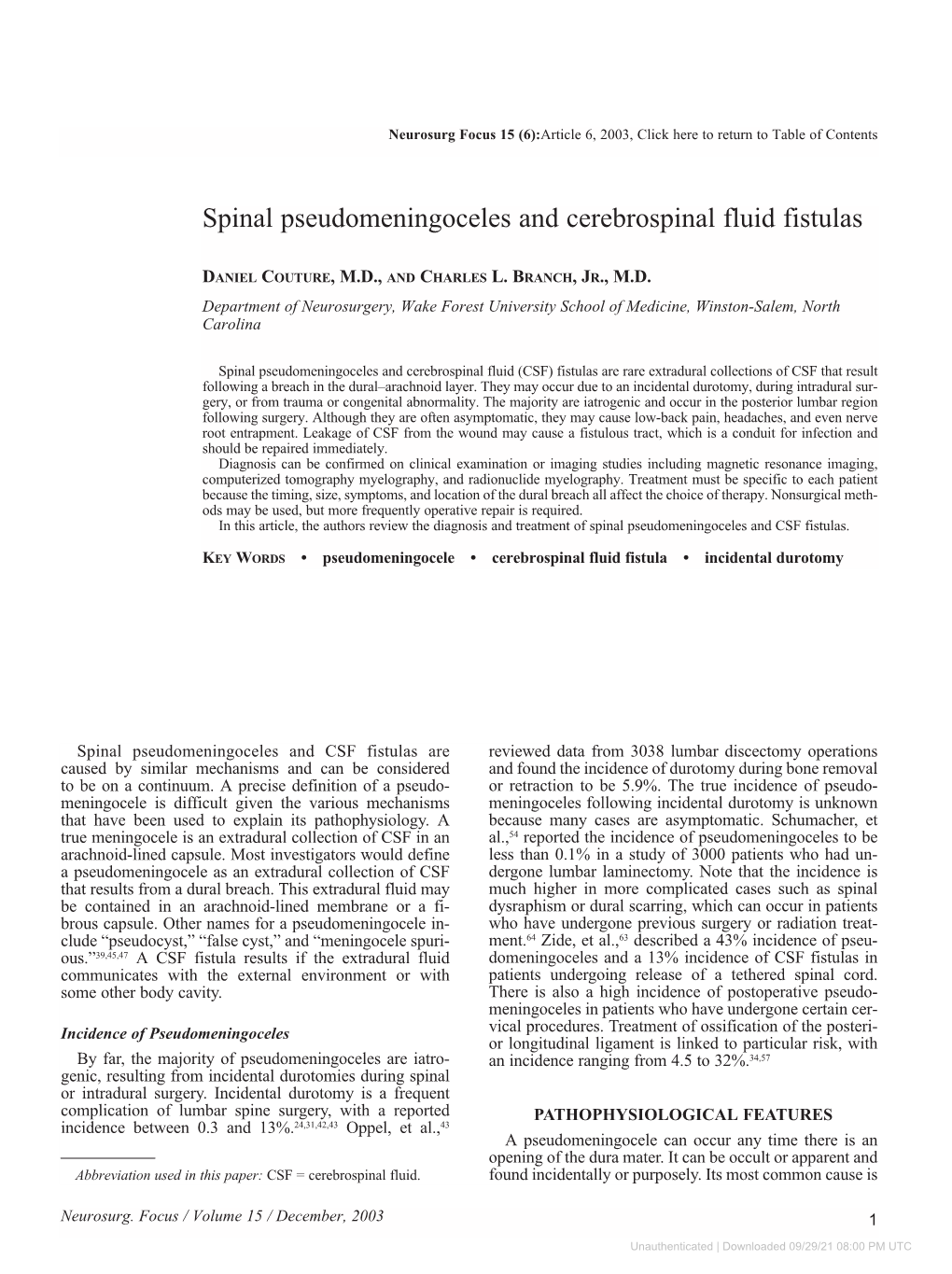 Spinal Pseudomeningoceles and Cerebrospinal Fluid Fistulas
