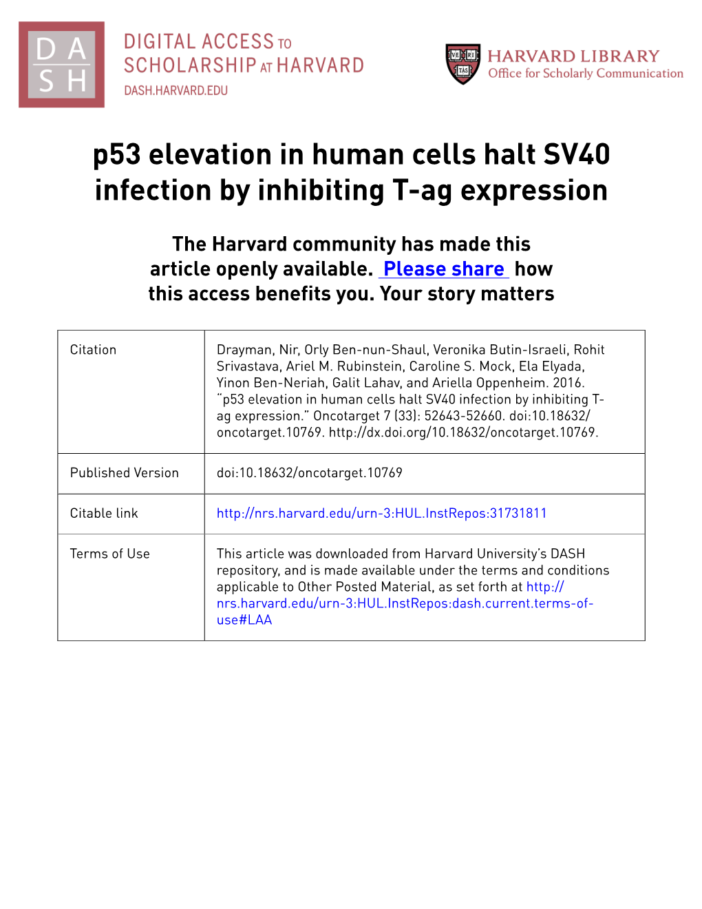 P53 Elevation in Human Cells Halt SV40 Infection by Inhibiting T-Ag Expression