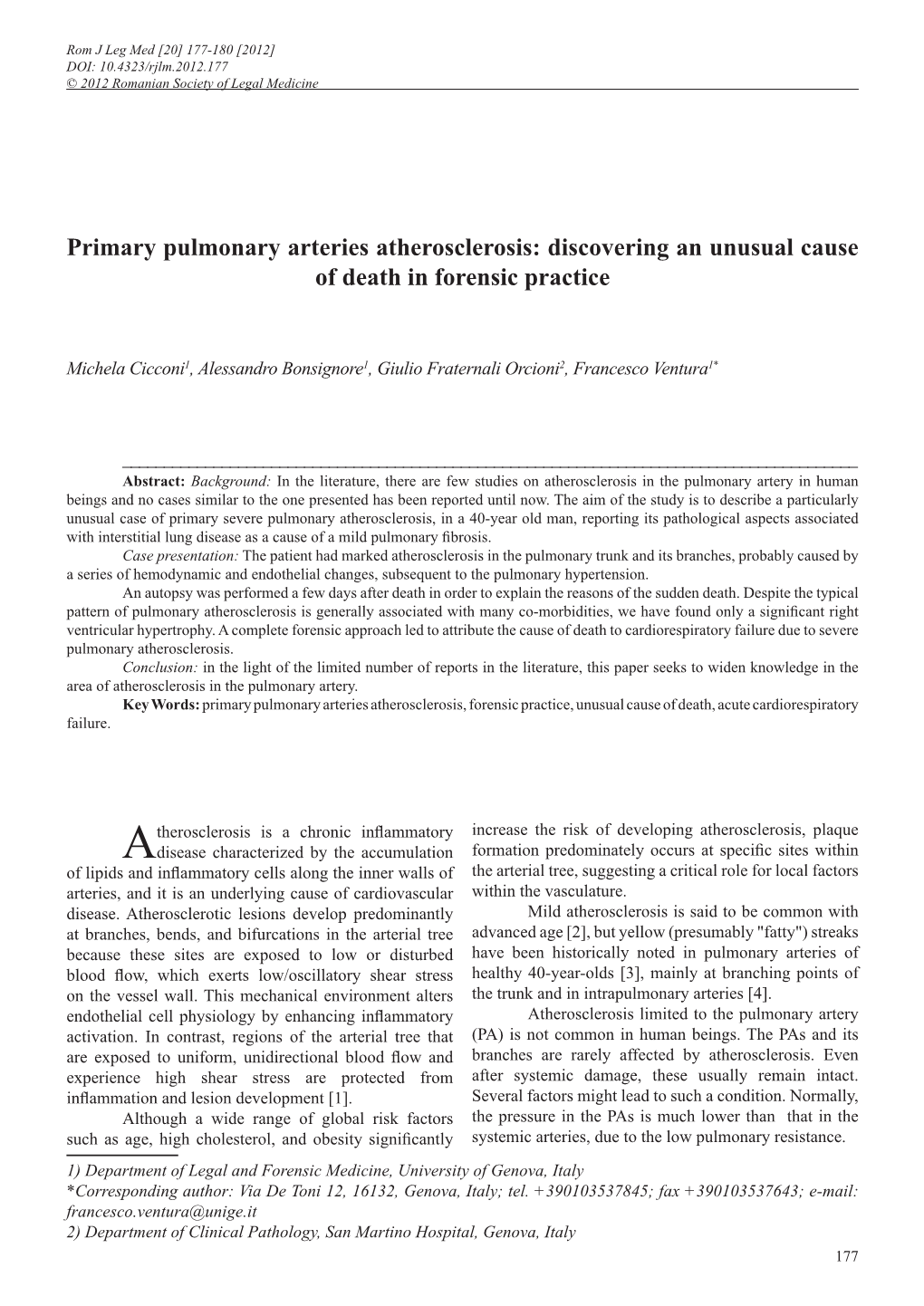 Primary Pulmonary Arteries Atherosclerosis: Discovering an Unusual Cause of Death in Forensic Practice