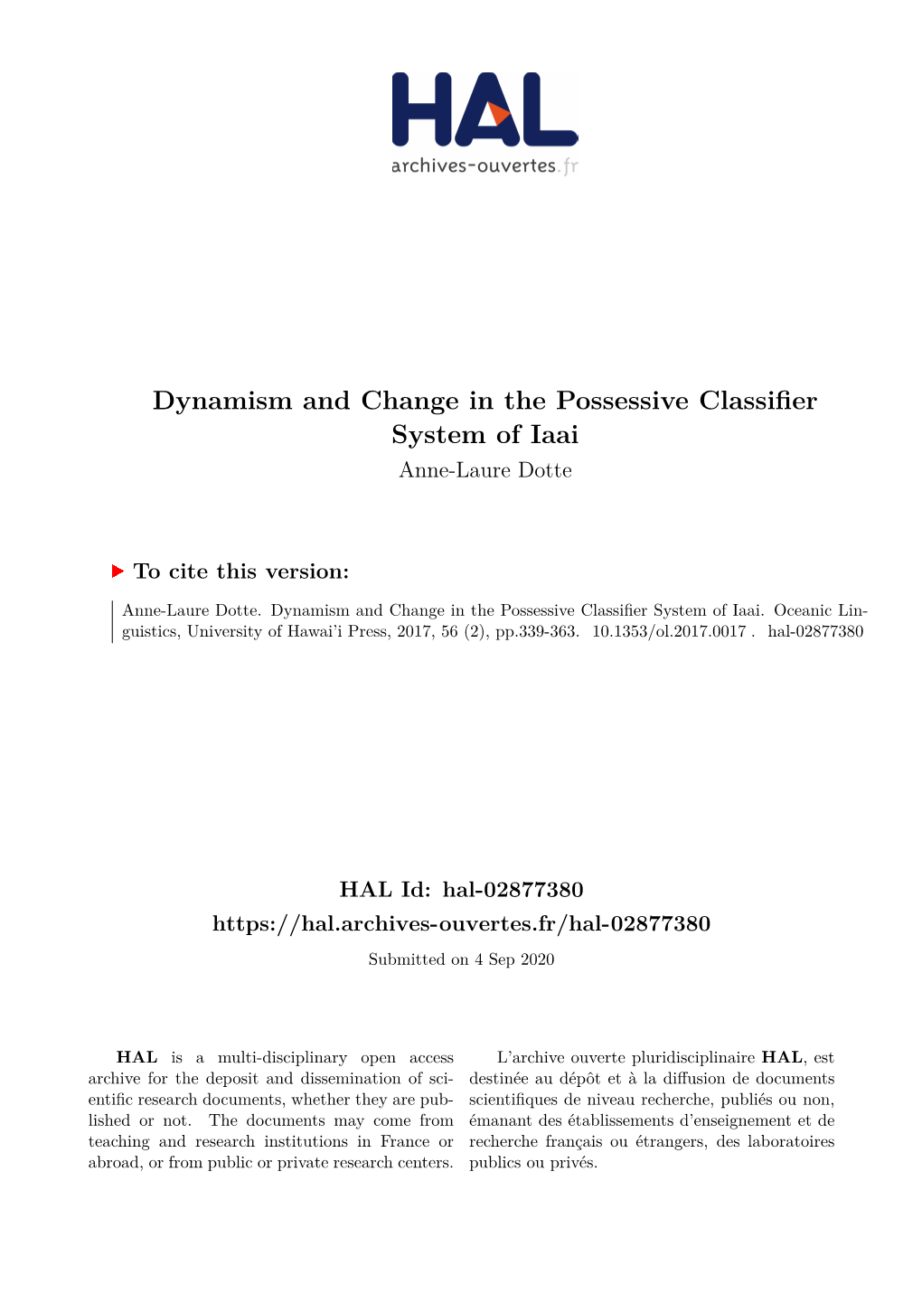 Dynamism and Change in the Possessive Classifier System of Iaai Anne-Laure Dotte