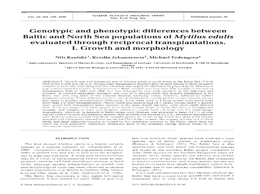 Genotypic and Phenotypic Differences Between Baltic and North Sea Populations of Mytilus Edulis Evaluated Through Reciprocal Transplantations