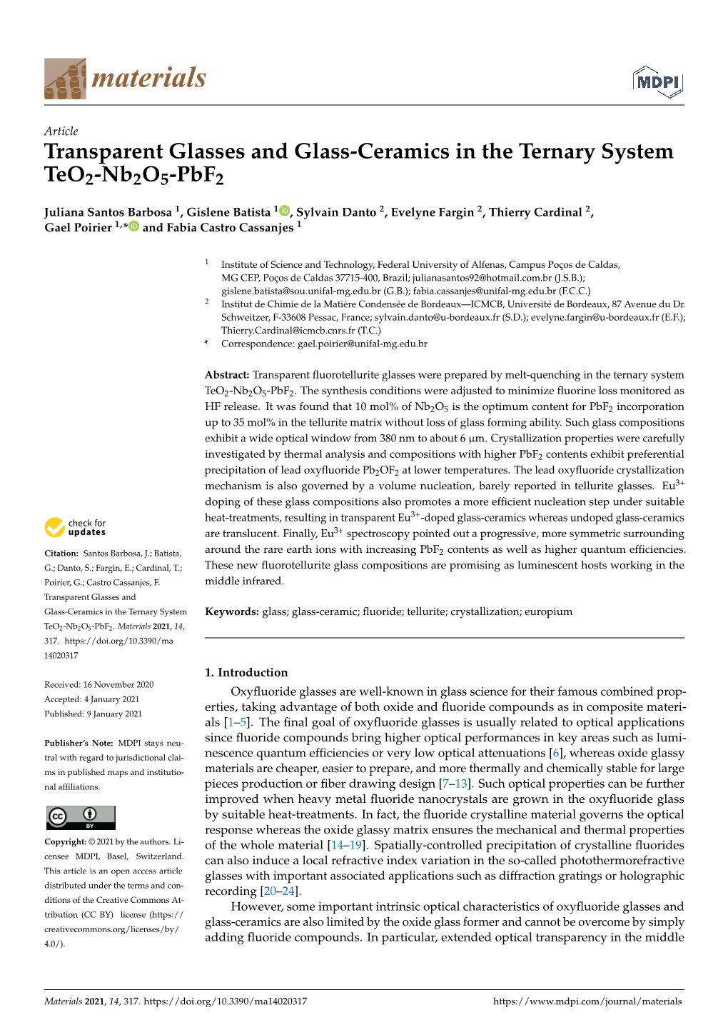 Transparent Glasses and Glass-Ceramics in the Ternary System Teo2-Nb2o5-Pbf2