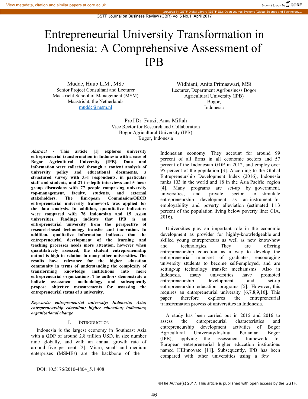 Entrepreneurial University Transformation in Indonesia: a Comprehensive Assessment of IPB