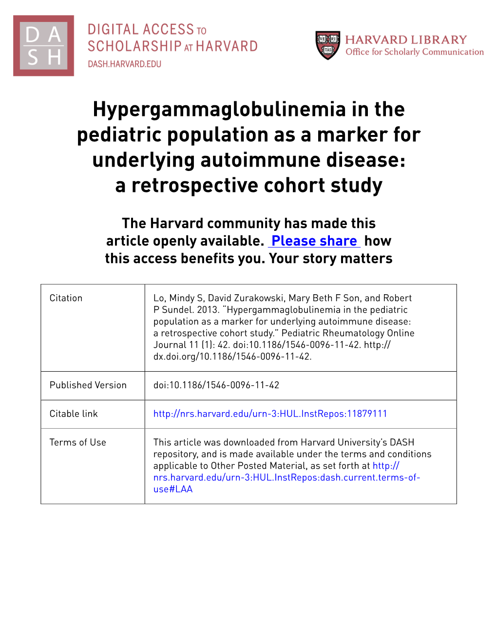 Hypergammaglobulinemia in the Pediatric Population As a Marker for Underlying Autoimmune Disease: a Retrospective Cohort Study