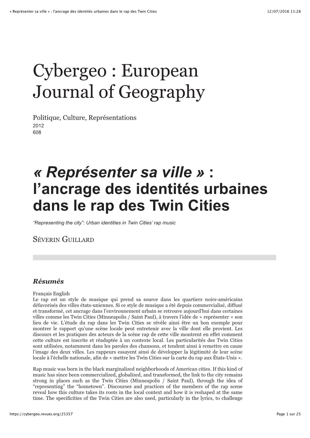 Représenter Sa Ville » : L'ancrage Des Identités Urbaines Dans Le