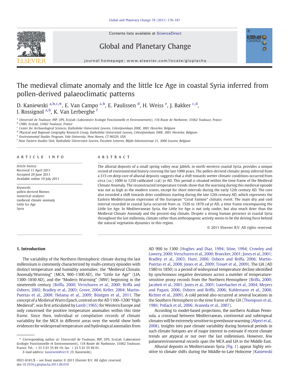 The Medieval Climate Anomaly and the Little Ice Age in Coastal Syria Inferred from Pollen-Derived Palaeoclimatic Patterns