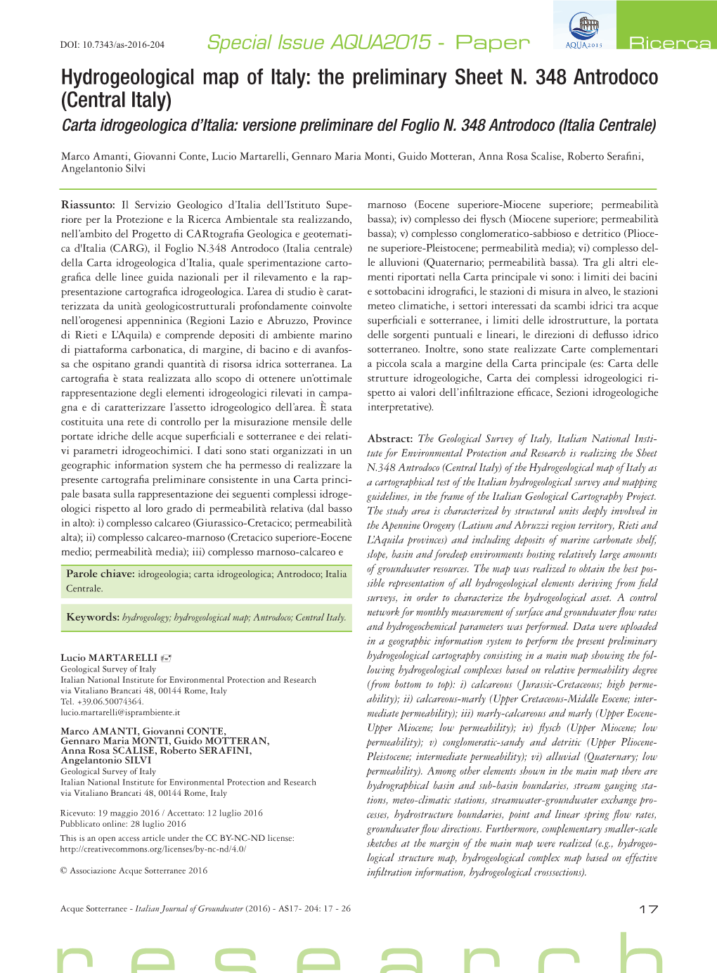 Hydrogeological Map of Italy: the Preliminary Sheet N. 348 Antrodoco (Central Italy) Carta Idrogeologica D’Italia: Versione Preliminare Del Foglio N