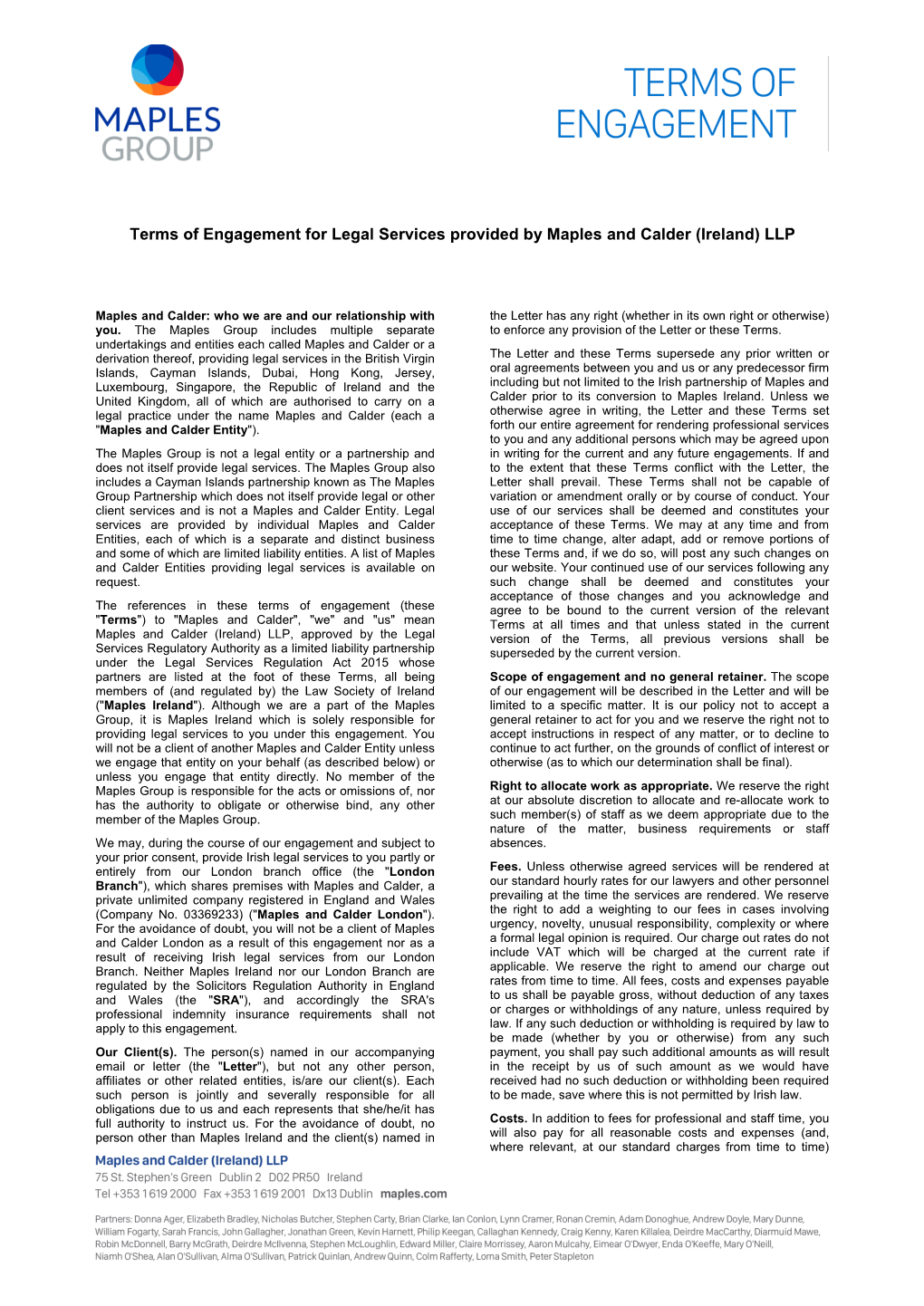 Terms of Engagement for Legal Services Provided by Maples and Calder (Ireland) LLP