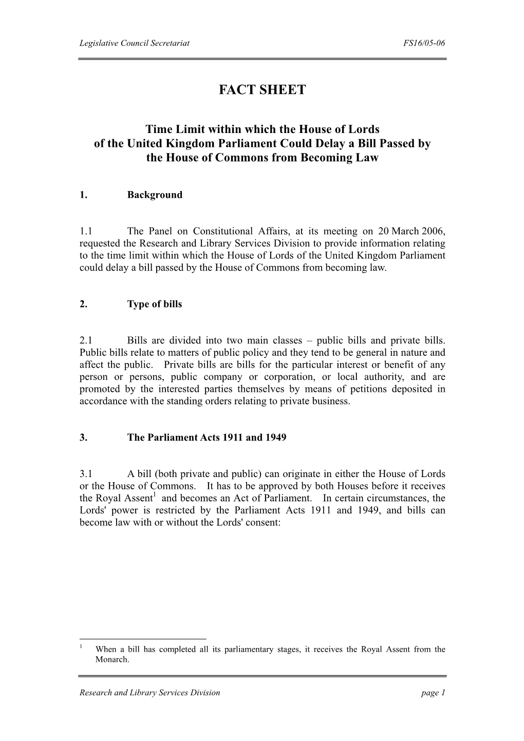 Fact Sheet on "Time Limit Within Which the House of Lords of the United