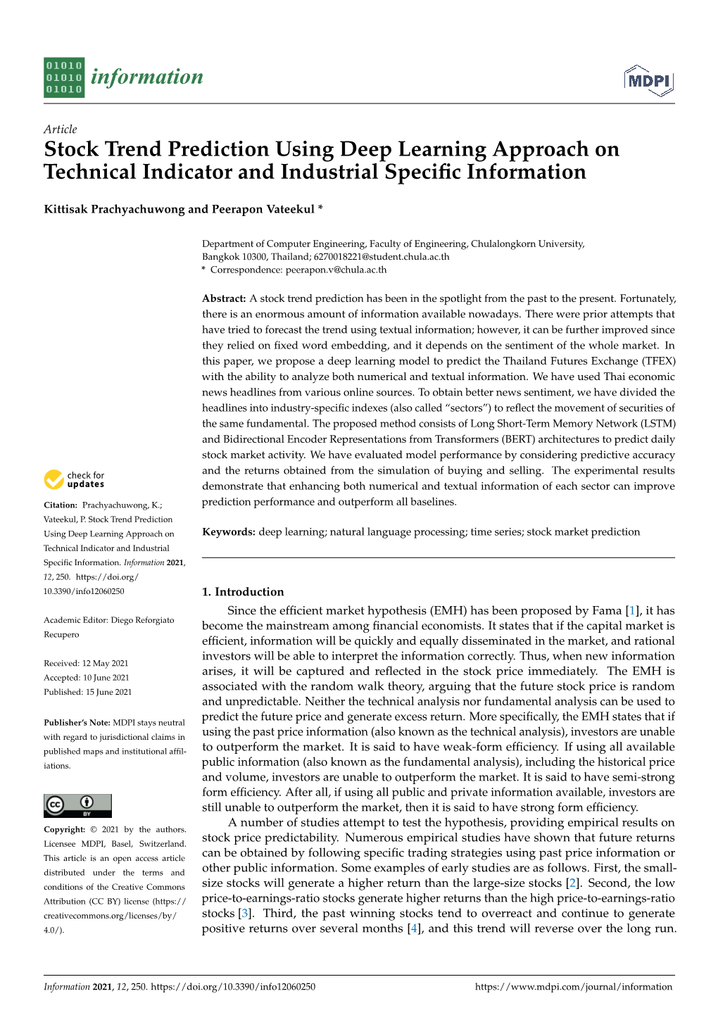 Stock Trend Prediction Using Deep Learning Approach on Technical Indicator and Industrial Speciﬁc Information