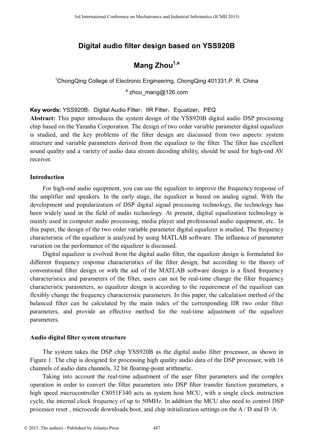 Digital Audio Filter Design Based on YSS920B Mang Zhou