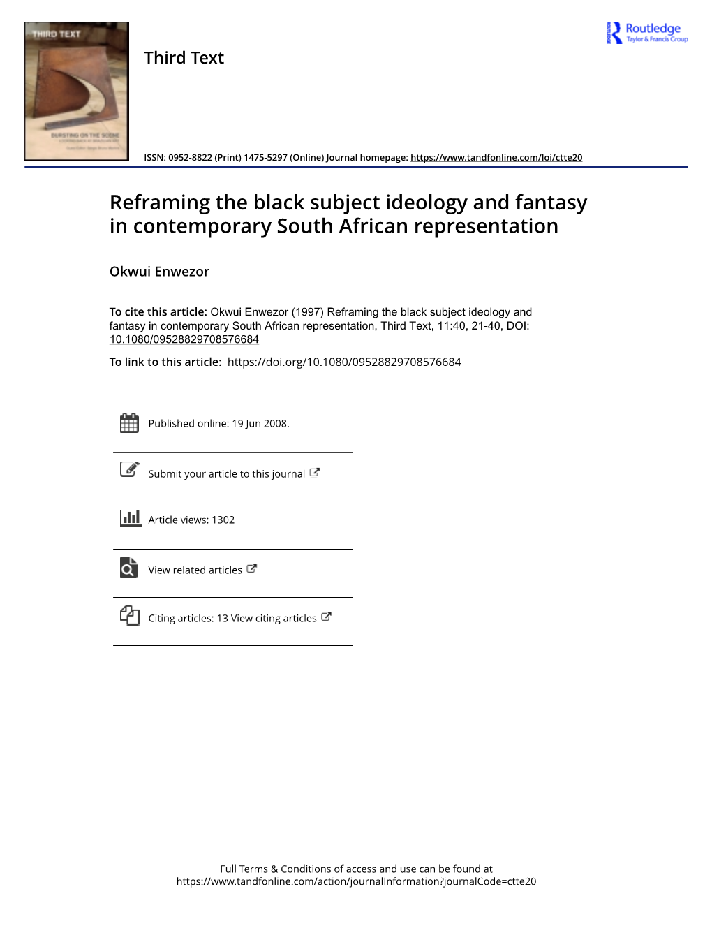 Reframing the Black Subject Ideology and Fantasy in Contemporary South African Representation