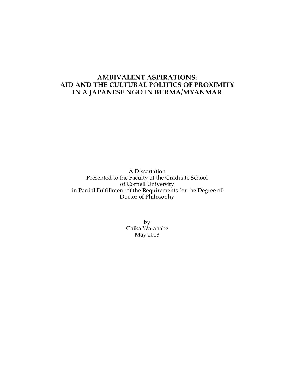 Ambivalent Aspirations: Aid and the Cultural Politics of Proximity in a Japanese Ngo in Burma/Myanmar