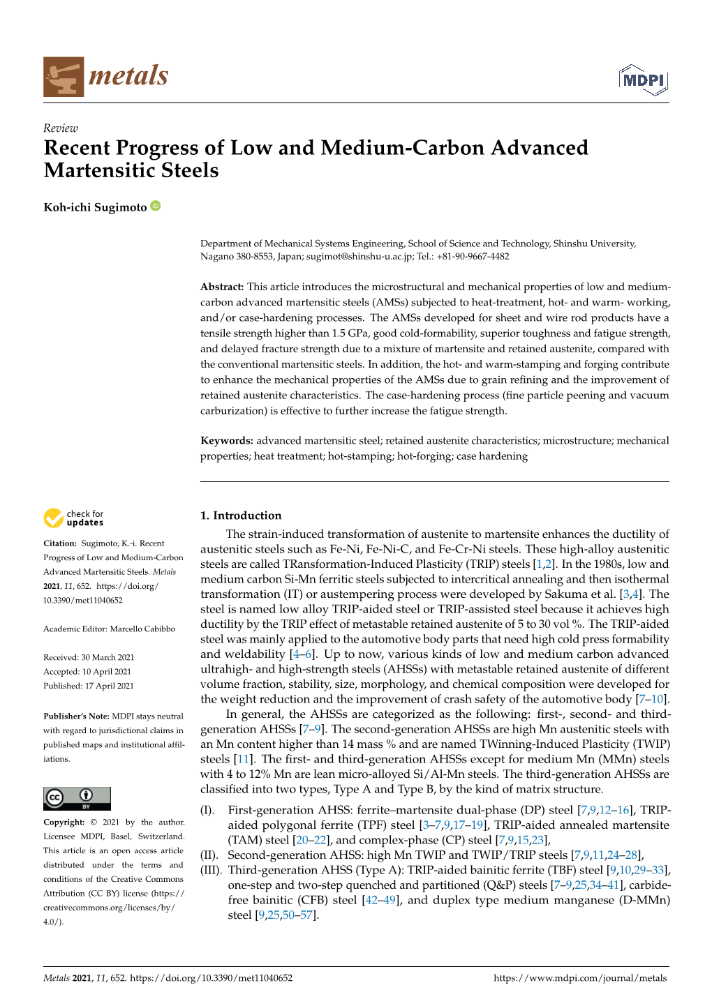 Recent Progress of Low and Medium-Carbon Advanced Martensitic Steels