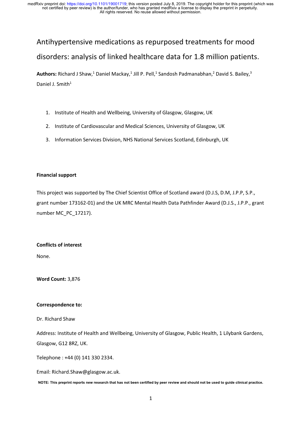 Antihypertensive Medications As Repurposed Treatments for Mood Disorders: Analysis of Linked Healthcare Data for 1.8 Million Patients