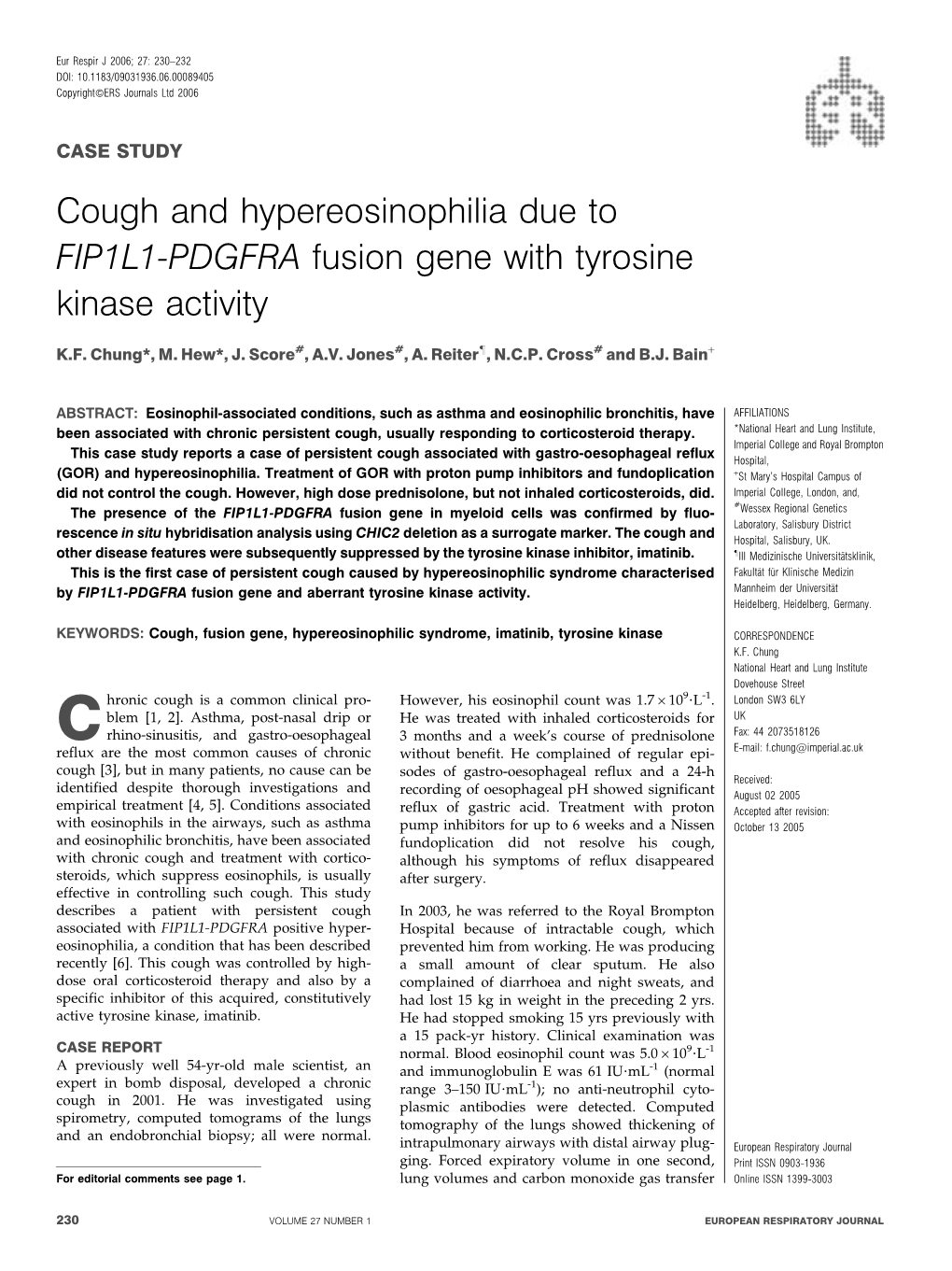 Cough and Hypereosinophilia Due to FIP1L1-PDGFRA Fusion Gene with Tyrosine Kinase Activity