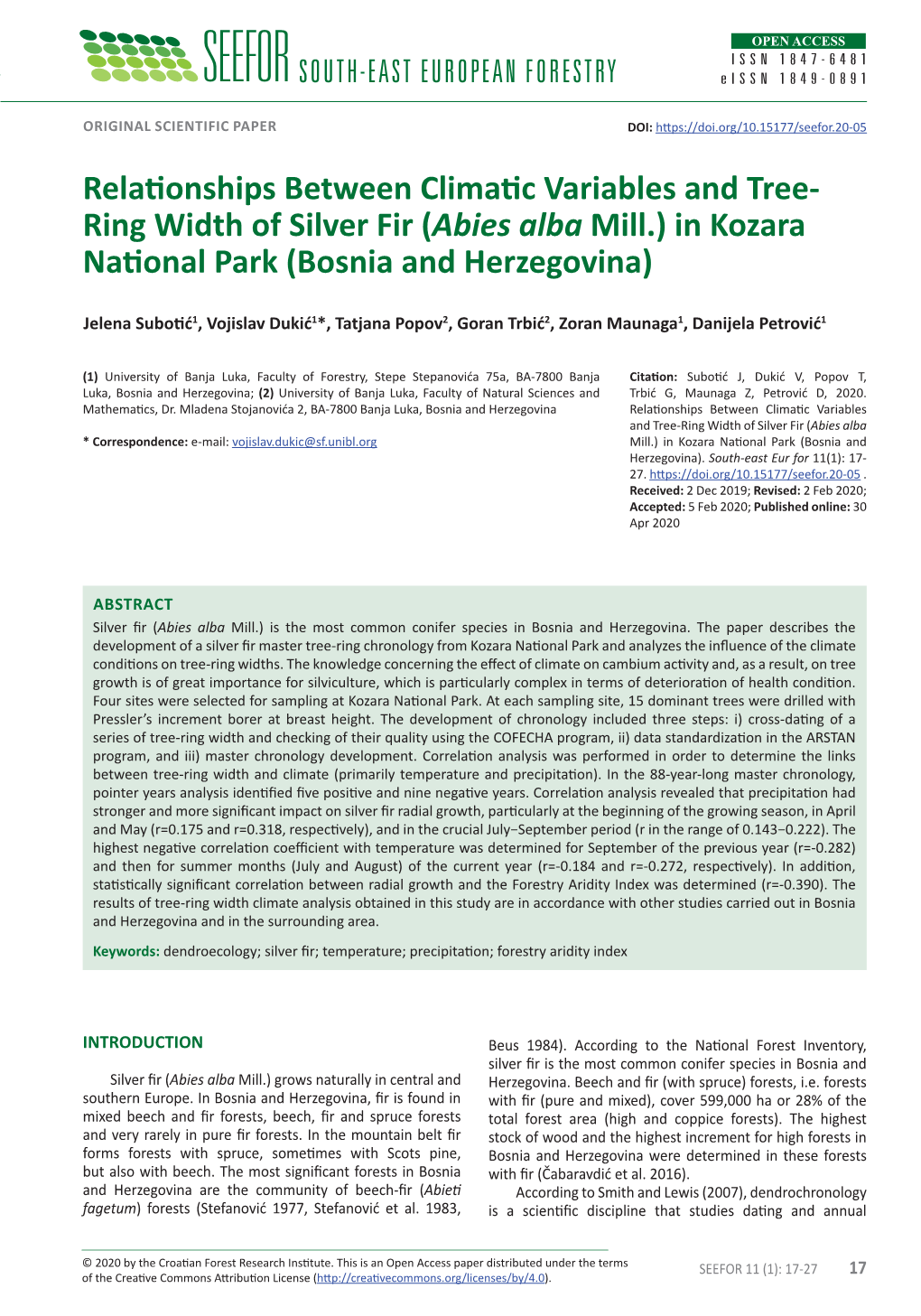 Ring Width of Silver Fir (Abies Alba Mill.) in Kozara National Parkissn (Bosnia 1847-6481And Herzegovina) Eissn 1849-0891