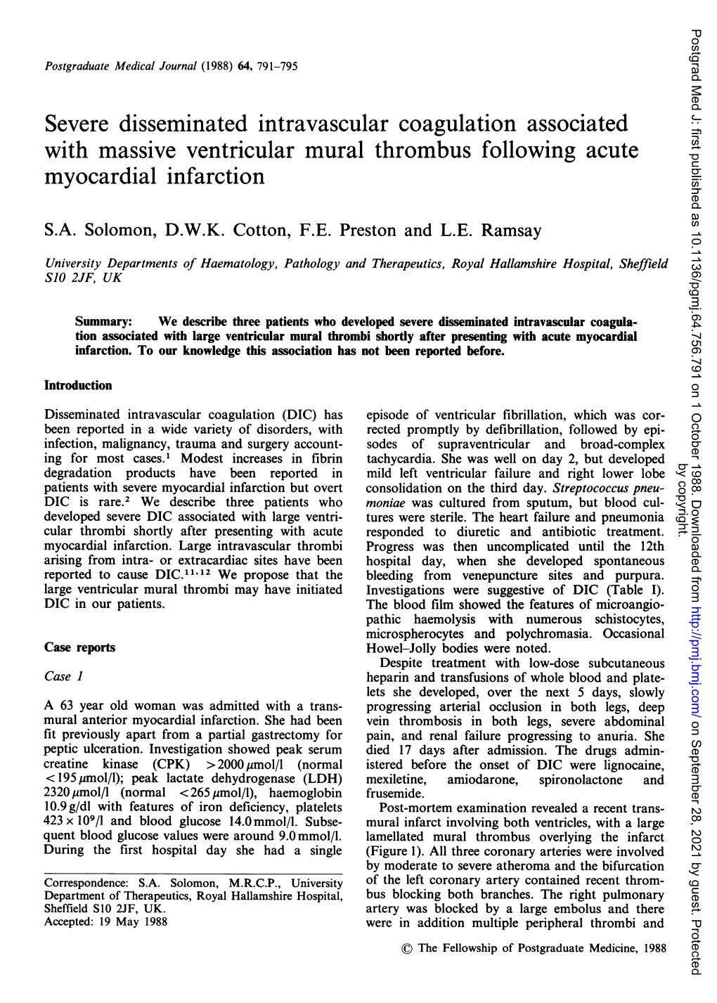 Severe Disseminated Intravascular Coagulation Associated with Massive Ventricular Mural Thrombus Following Acute Myocardial Infarction