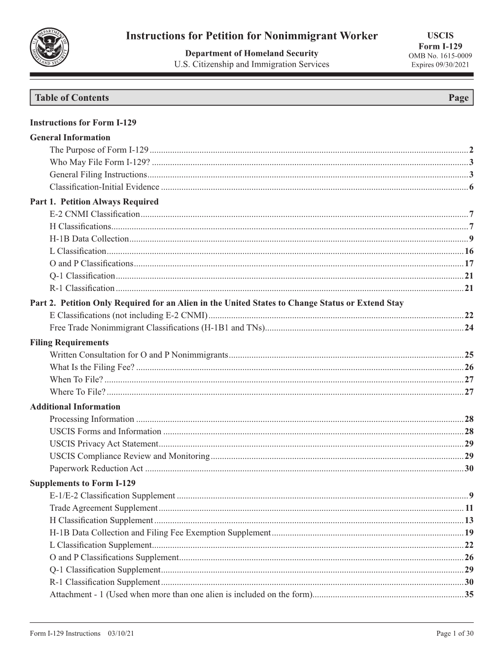 Instructions for Petition for Nonimmigrant Worker USCIS Form I-129 Department of Homeland Security OMB No