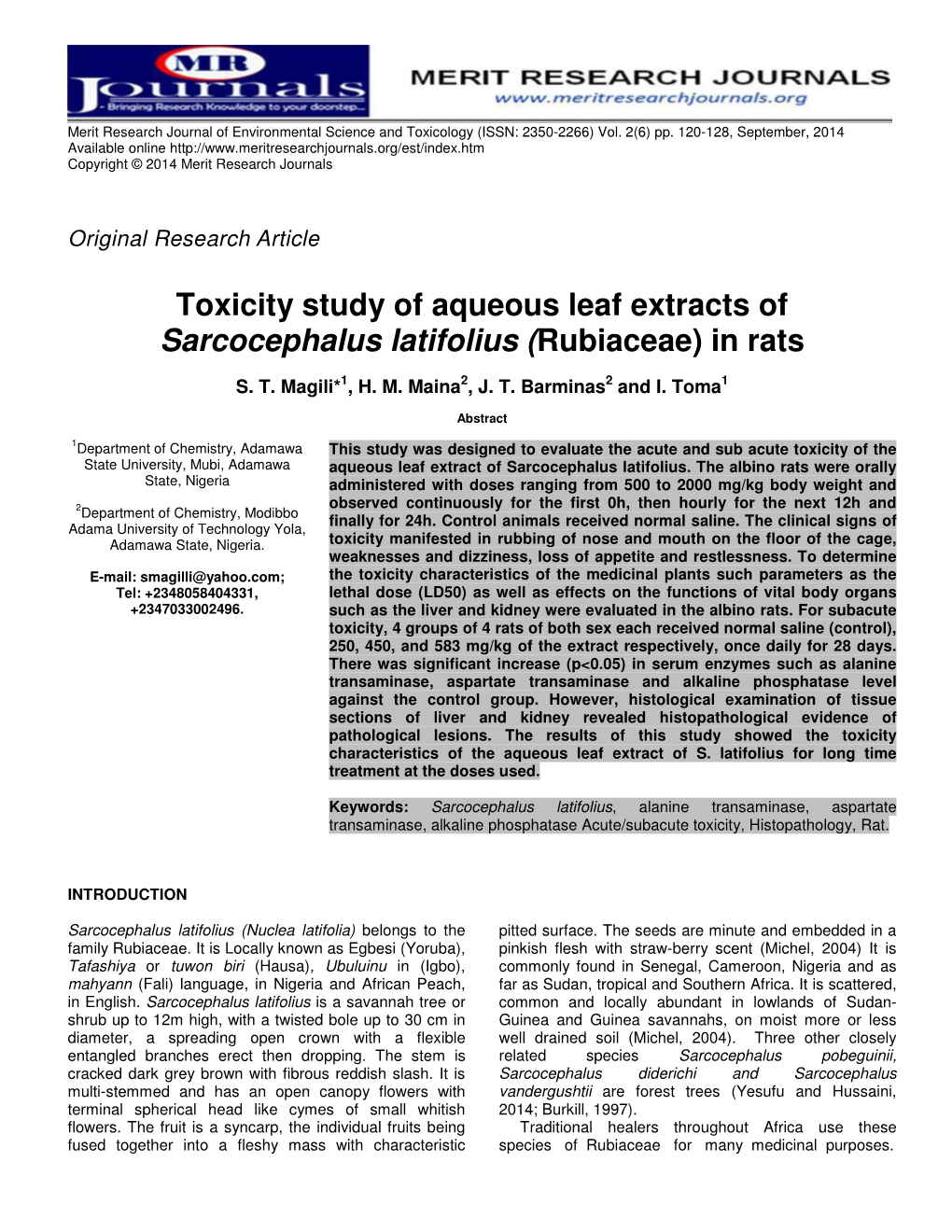 Toxicity Study of Aqueous Leaf Extracts of Sarcocephalus Latifolius ( Rubiaceae) in Rats