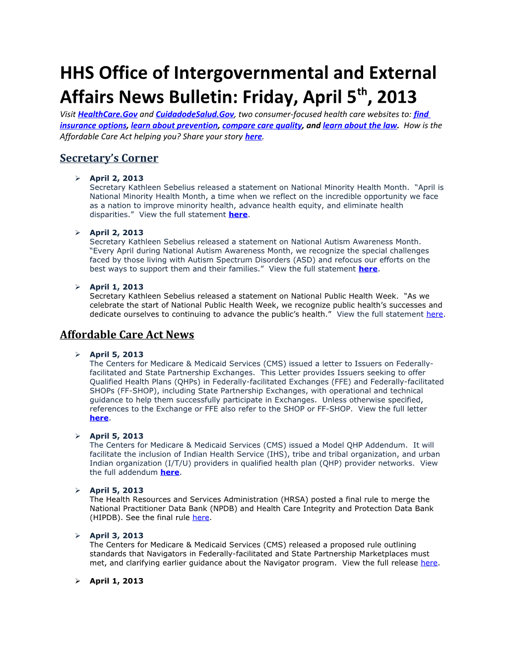 HHS Office of Intergovernmental and External Affairs News Bulletin: Friday, April 5Th, 2013