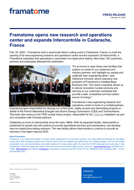 Framatome Opens New Research and Operations Center and Expands Intercontrôle in Cadarache, France