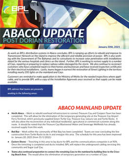 ABACO UPDATE POST DORIAN RESTORATION January 20Th, 2021