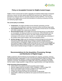 Policy on Acceptable Formats for Idigbio-Hosted Images Recommendations for the Acquisition, Processing, Storage, and Distributi